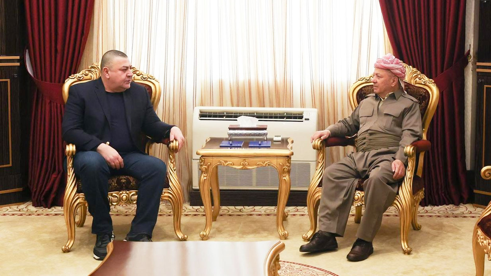 President Masoud Barzani (right) during his meeting with Aras Habib, director of the Iraqi National Congress, April 8, 2025. (Photo: Barzani Headquarters)