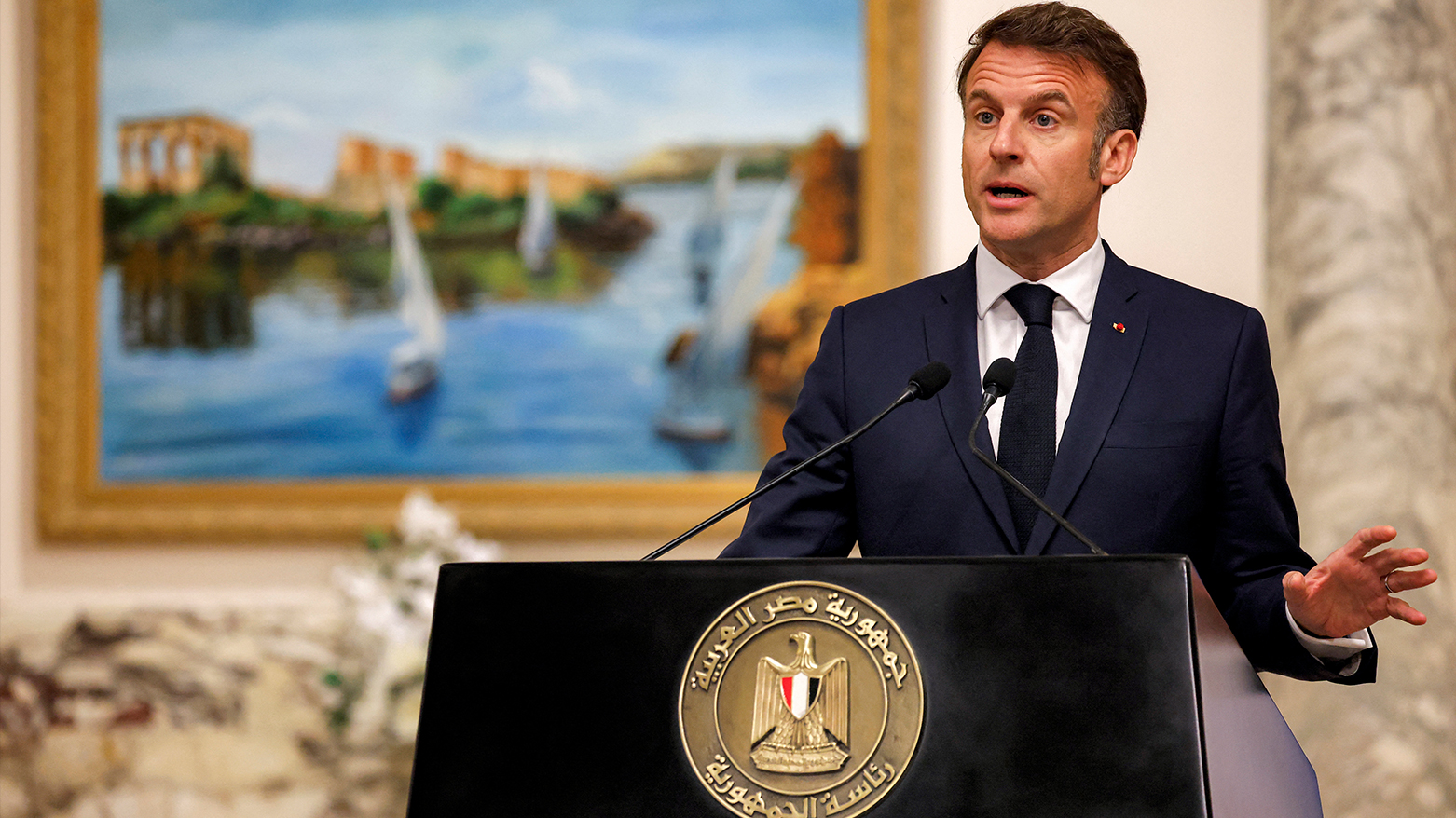 French President Emmanuel Macron speaks during a press conference after his meeting with Egypt's president at the Presidential Palace in Cairo on Apr. 7, 2025. (Photo: AFP)