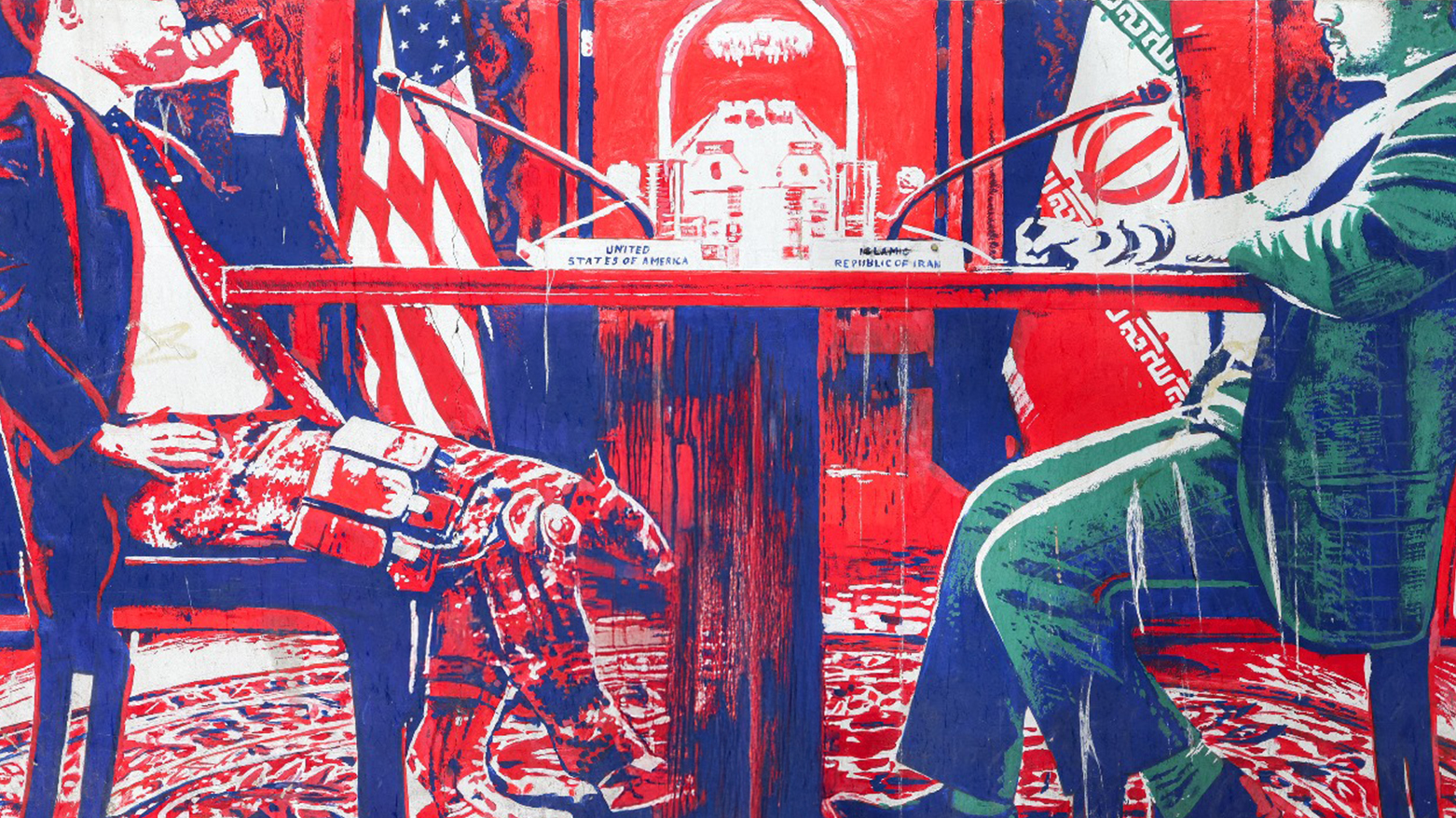 a mural depicting an Iranian official in civilian clothing sitting across the table from an American official wearing military fatigues painted on the outer walls of the former US embassy in Tehran, on Apr. 8, 2025. (Photo: AFP)