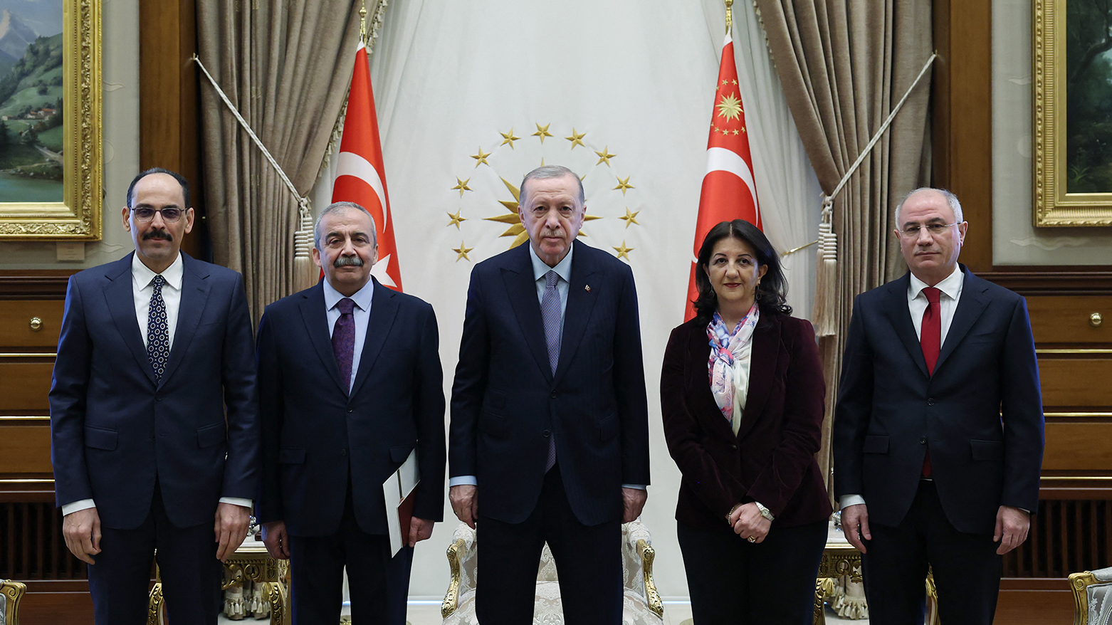 A photo taken after the meeting between Turkish President Recep Tayyip Erdogan and the Peoples’ Equality and Democracy Party (DEM) delegation. (Photo: AFP)