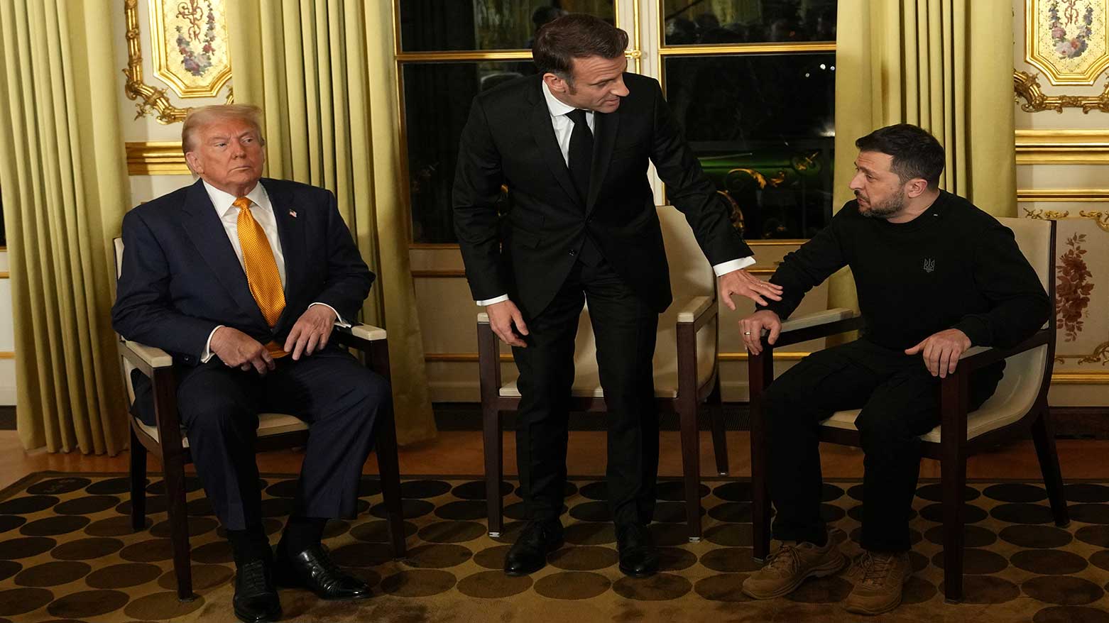 French President Emmanuel Macron, center, sits with President-elect Donald Trump, left, and Ukraine's President Volodymyr Zelenskyy at the Elysee Palace, Paris, Dec. 7, 2024. (Photo: AP)