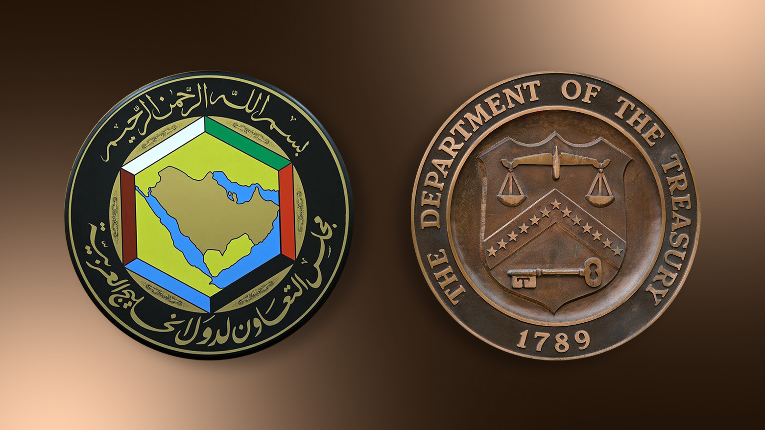 The seal of U.S. Department of Treasury and emblem of GCC. (Graphics: Kurdistan24)