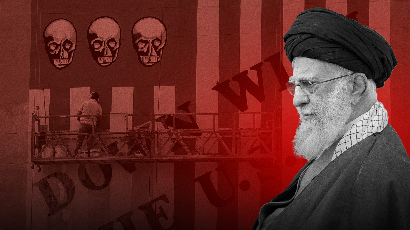 Ayatollah Ali Khamenei and an anti-American Mural in Tehran in background. (Graphics: Kurdistan24)