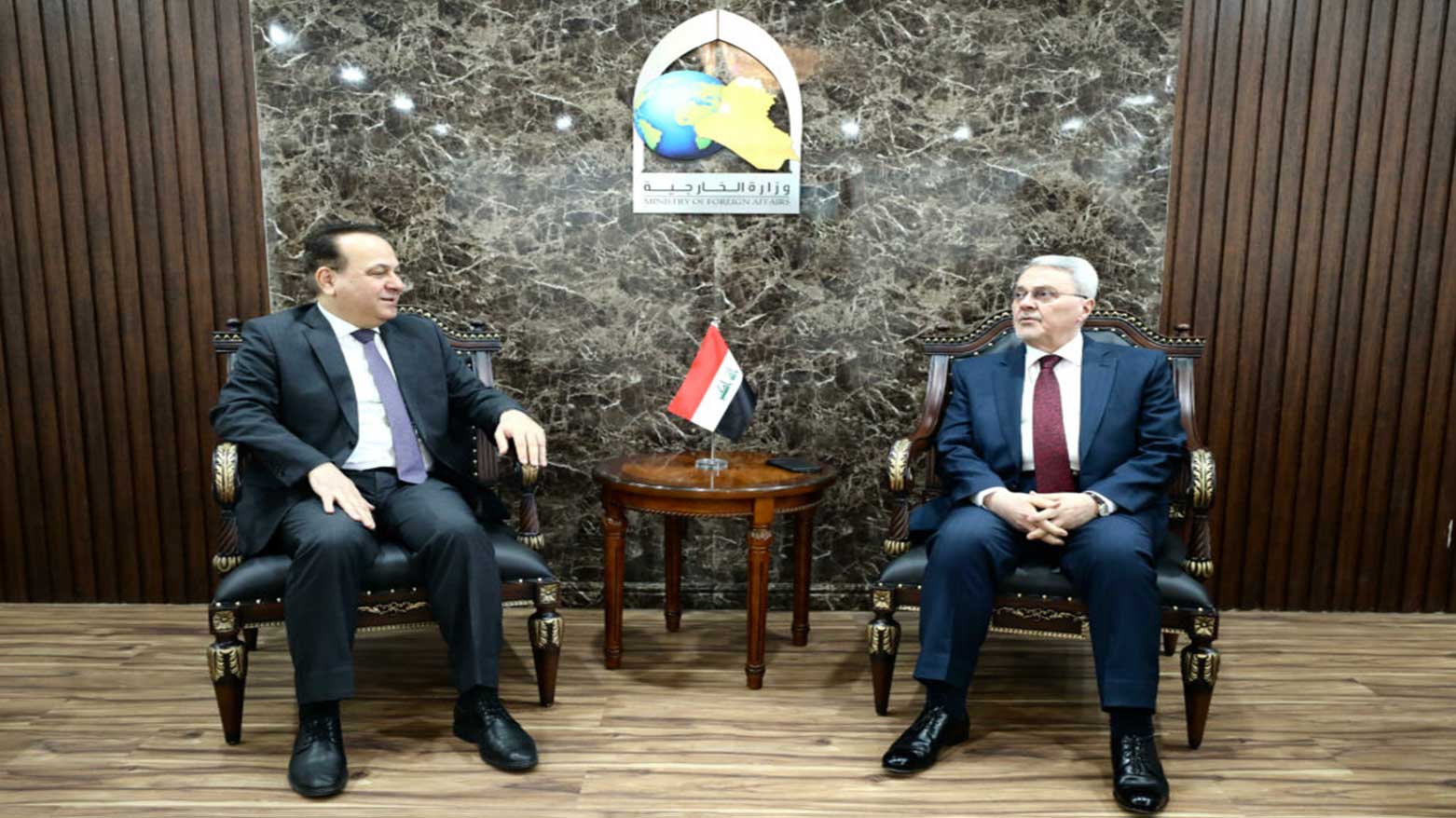 Mohammed Bahr AlUloom, Iraq’s Deputy Foreign Minister for Bilateral Relations, (R), and Lebanon's ambassador to Baghdad, Ali al-Habhab, Baghdad, Iraq, April 16, 2025. (Photo: Iraqi FM)