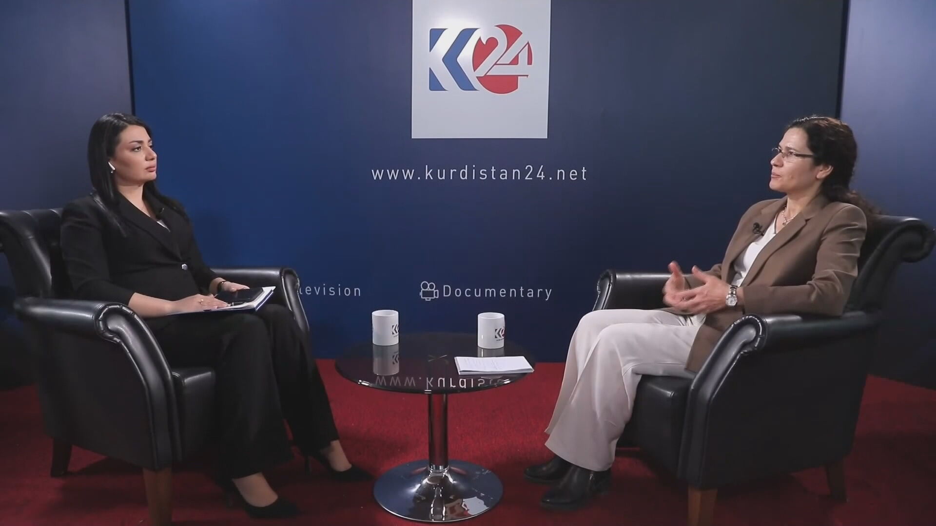Ilham Ahmed (R), Head of Foreign Relations for the DAANES, In an in-depth interview with Kurdistan 24, at Sulaimani, Apr. 20, 2025. (Photo: Kurdistan24)