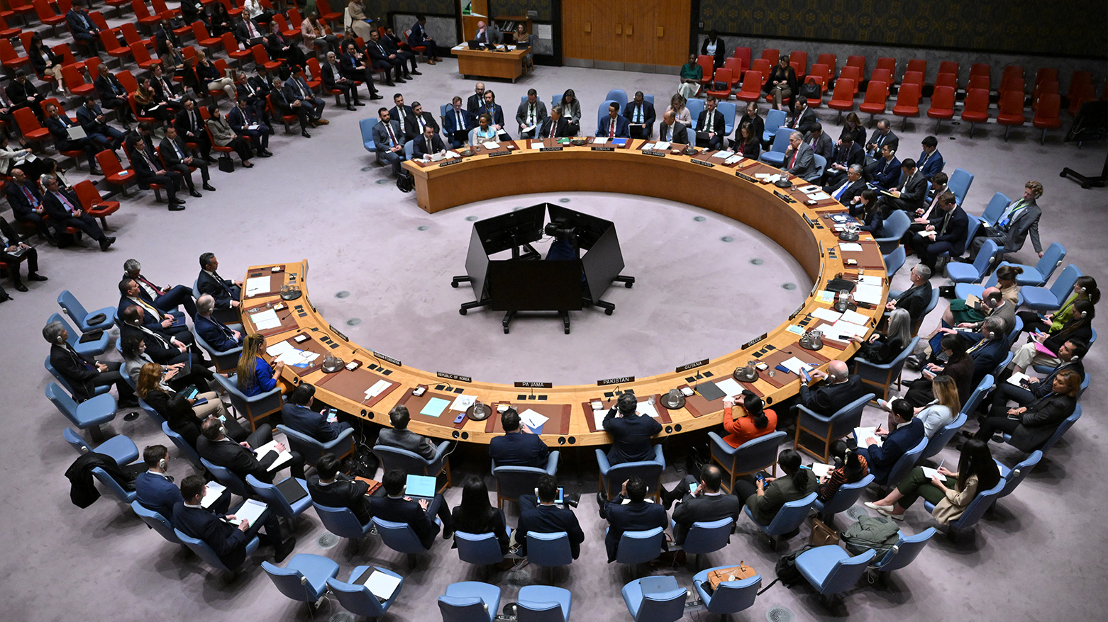 General view as Syrian Foreign Minister Asaad al-Shaibani speaks during a UN Security Council meeting. (Photo: AFP)