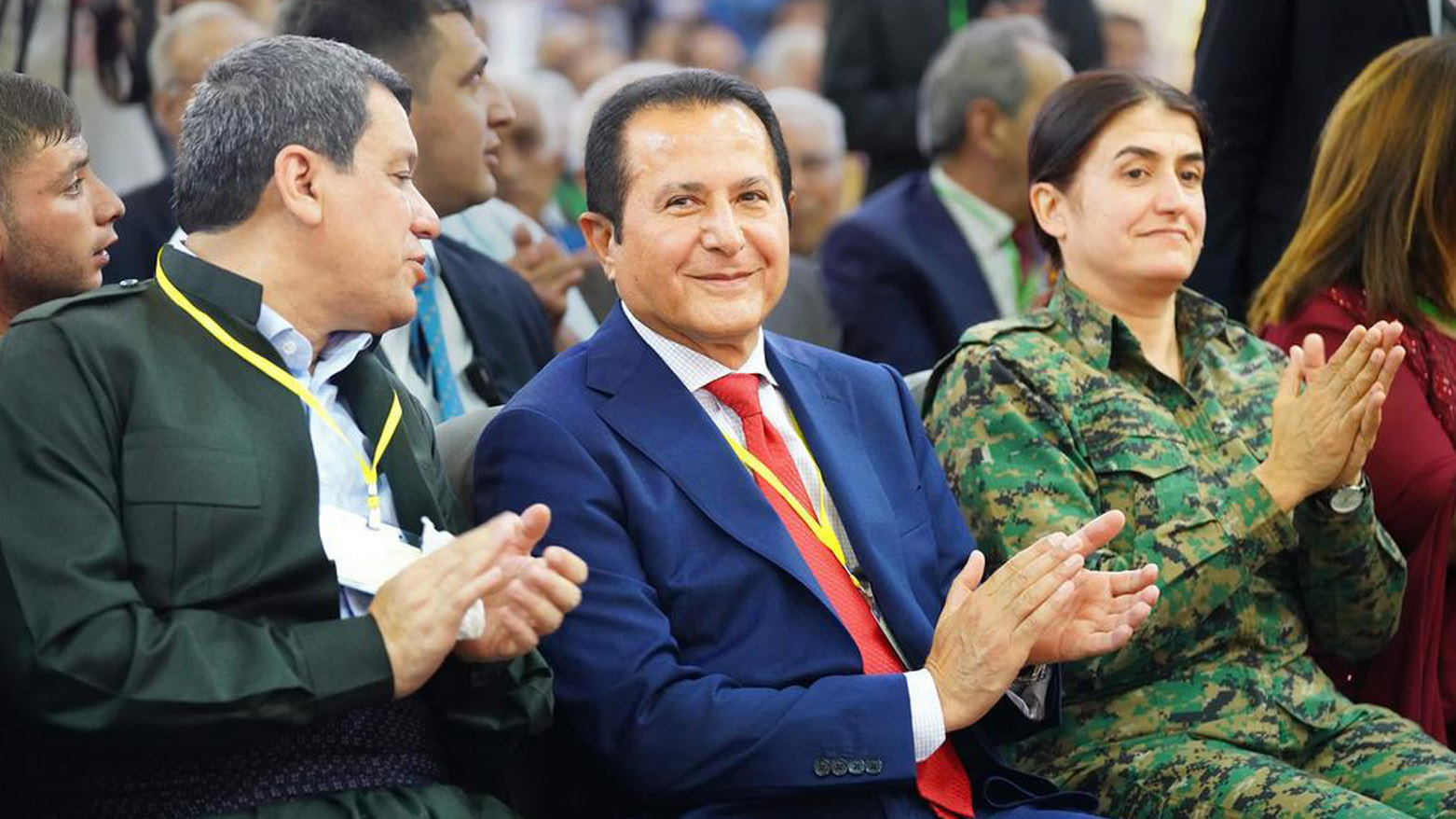 Mazlom Abdi commander of SDF (L), Hamid Darbandi president Masoud Barzani's envoy (M), in Qamishlo Western Kurdisyan, Apr. 26, 2025. (Photo: Kurdistan24)