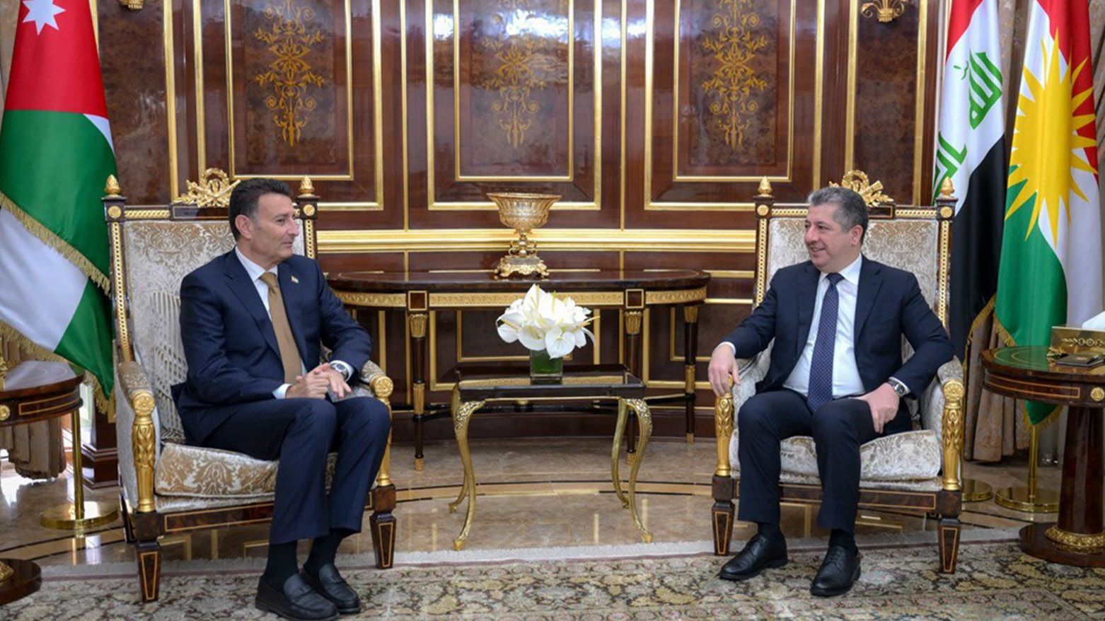 Kurdistan Region Prime Minister Masrour Barzani (right) during his meeting with Ahmed Safadi, Speaker of the Jordanian House of Representatives (left), Apr. 26, 2025. (Photo: KRG)