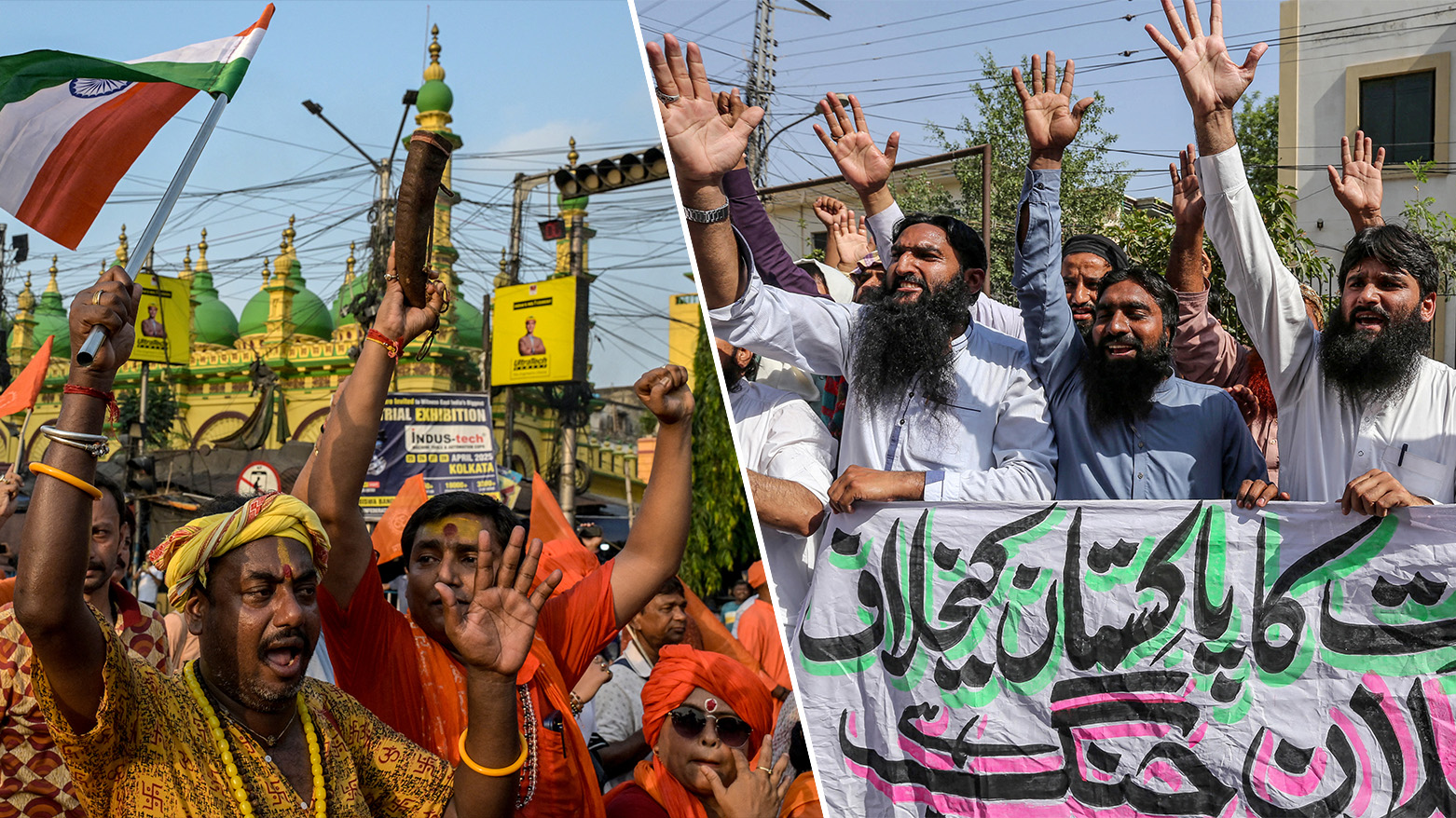 Activists from Pakistan’s PMML protest against India in Multan (R), while VHP members rally in Kolkata condemning the killing of tourists in Kashmir’s Pahalgam (L), both on April 25, 2025. (Photo: AFP)