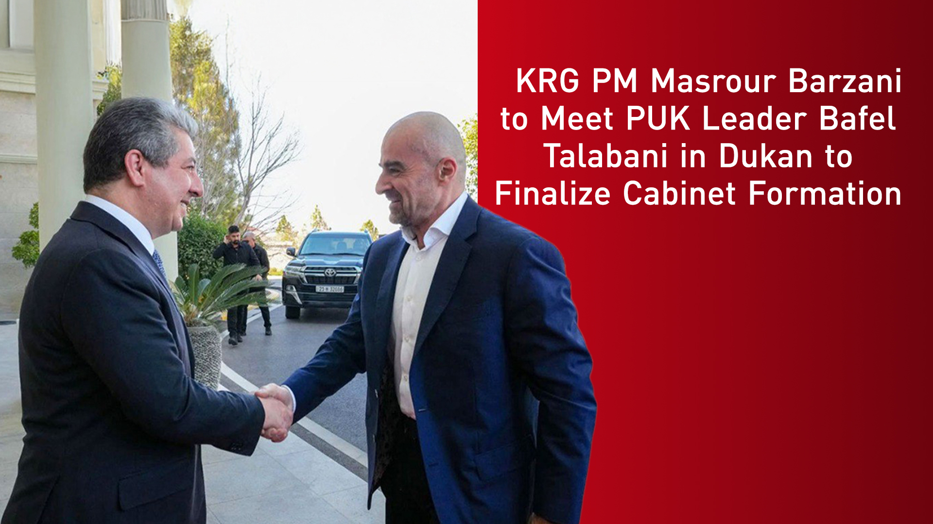 KRG PM Masrour Barzani, (L), shaking hands with Bafel Talabani, leader of PUK. (Photo: Kurdistan24)