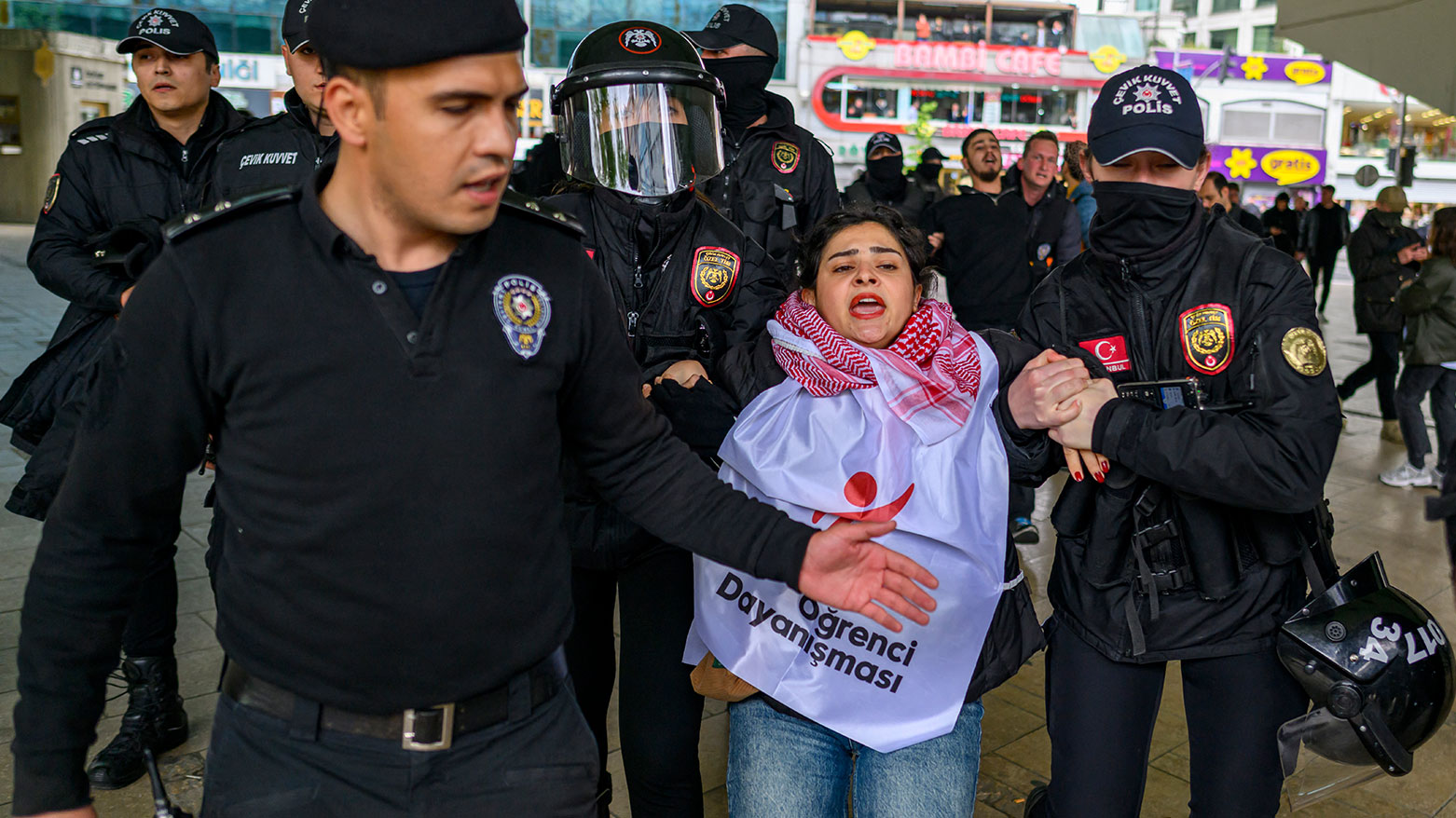 Turkish police detain a protester attempting with others to march to Taksim Square, at Mecidiyekoy district near Taksim, in Istanbul, on May 1, 2025.  (Photo: AFP)