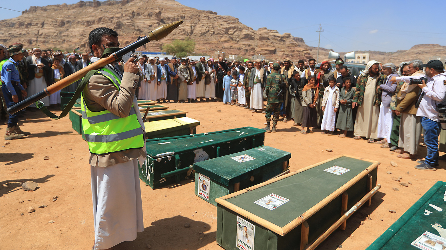 A man holds a rocket-propelled grenade at a funeral in Houthi-controlled Sanaa for those killed in reported U.S. strikes, May 1, 2025. (Photo: AFP)