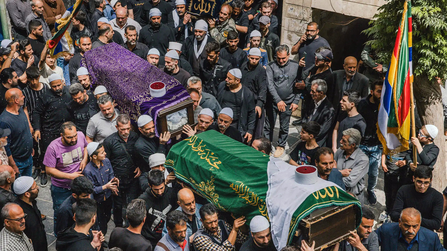 Funeral for Druse militia members killed in Jaramana near Damascus on Wednesday. (Photo: NYT)