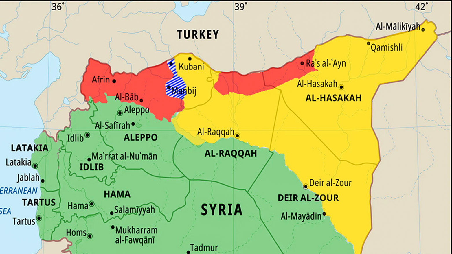 This is a locator map for the conflicting forces in Syria. (Graphic: Designed by Kurdistan24)