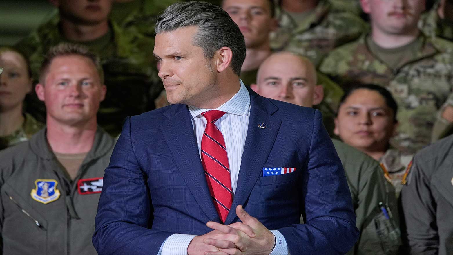 US Defense Secretary Pete Hegseth with members of the Michigan National Guard at Selfridge Air National Guard Base, April 29, 2025. (Photo: AP)