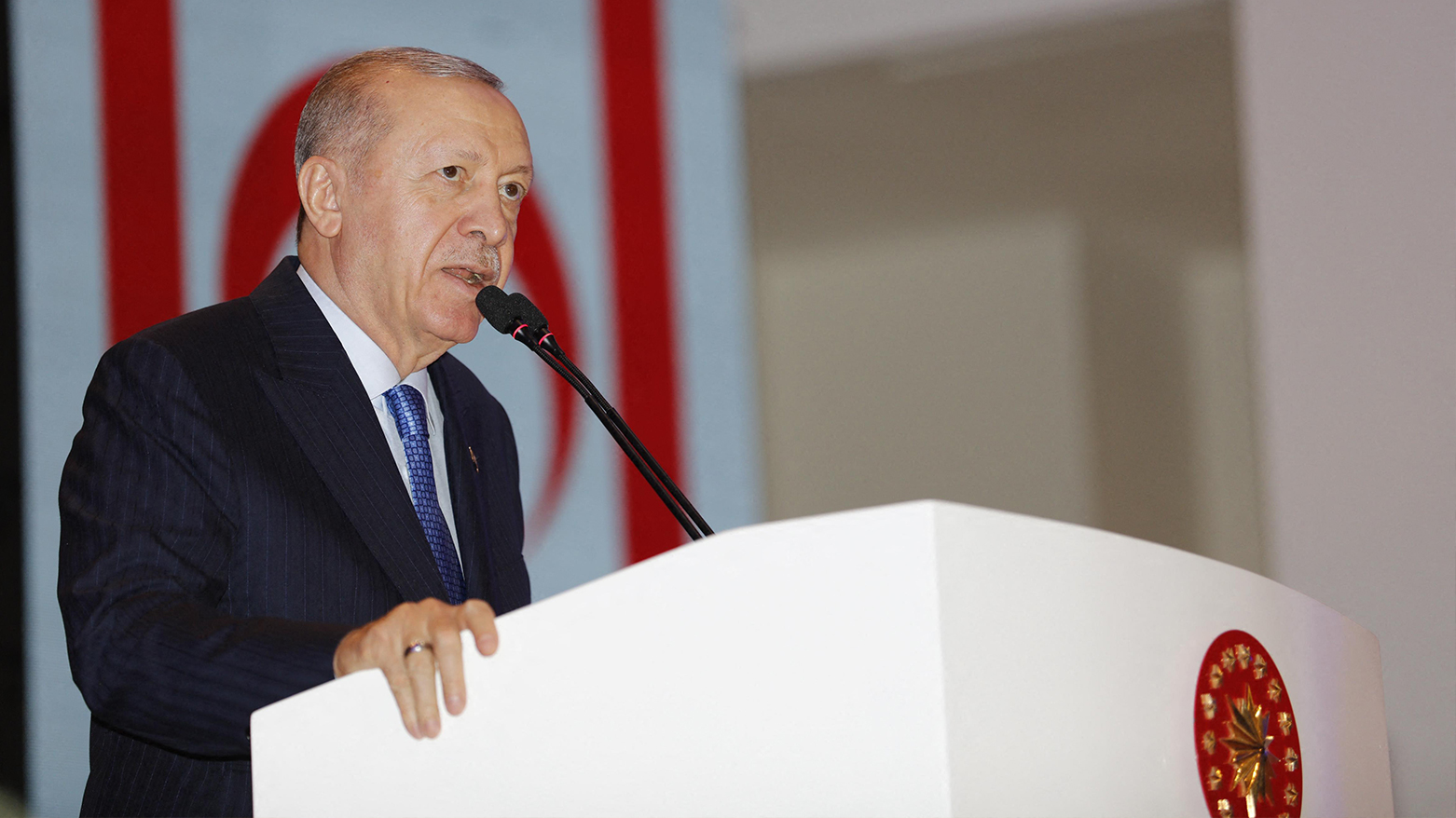 A handout provided by the press office of the Turkish Cypriot leadership on May 3, shows Turkish President Recep Tayyip Erdogan speaking in Northern Cyprus (TRNC). (Photo: AFP)