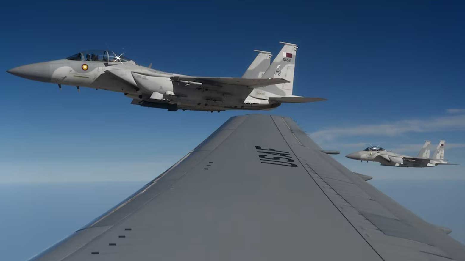 Two Qatar Emiri Air Force F-15QA Ababil fly in formation with a U.S. Air Force KC-46 Pegasus during Exercise Eagle Resolve 25 over Qatar, Jan. 21, 2025. (Photo: CENTCOM)