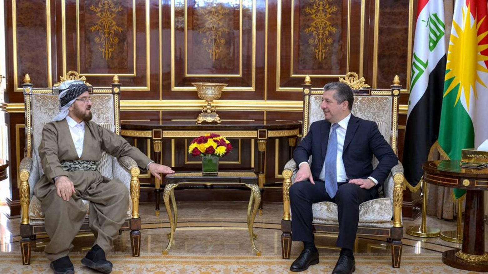 Kurdistan Region Prime Minister Masrour Barzani (right) during his meeting with Ali Qaradaghi, Secretary General of the International Union of Muslim Scholars, May 6, 2025. (Photo: KRG)