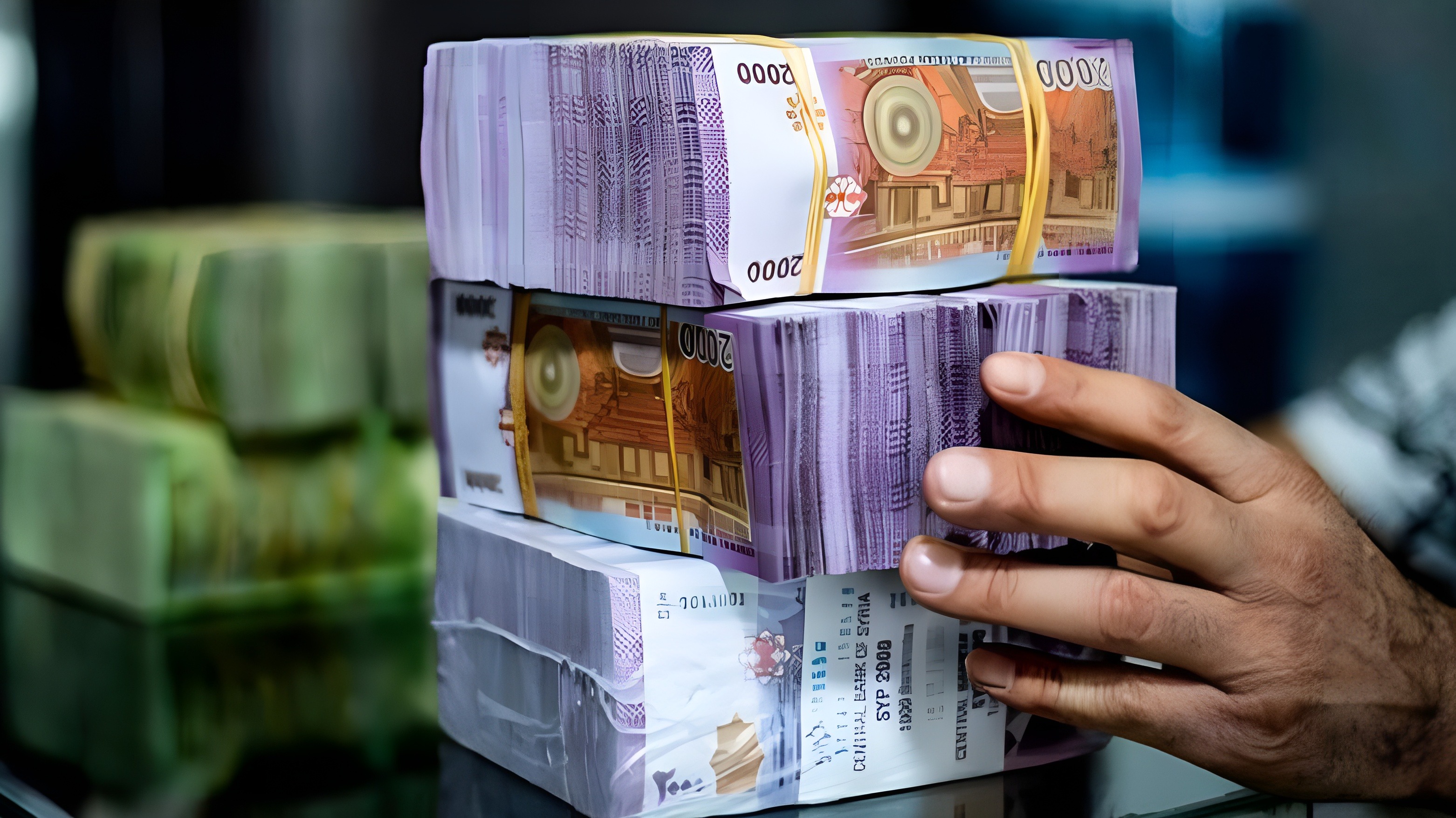 Stacks of Syrian pound banknotes are piled on top of each other at a currency trader's stall at a market, Manbij, Syria, Jan. 4, 2025. (Photo: AFP)