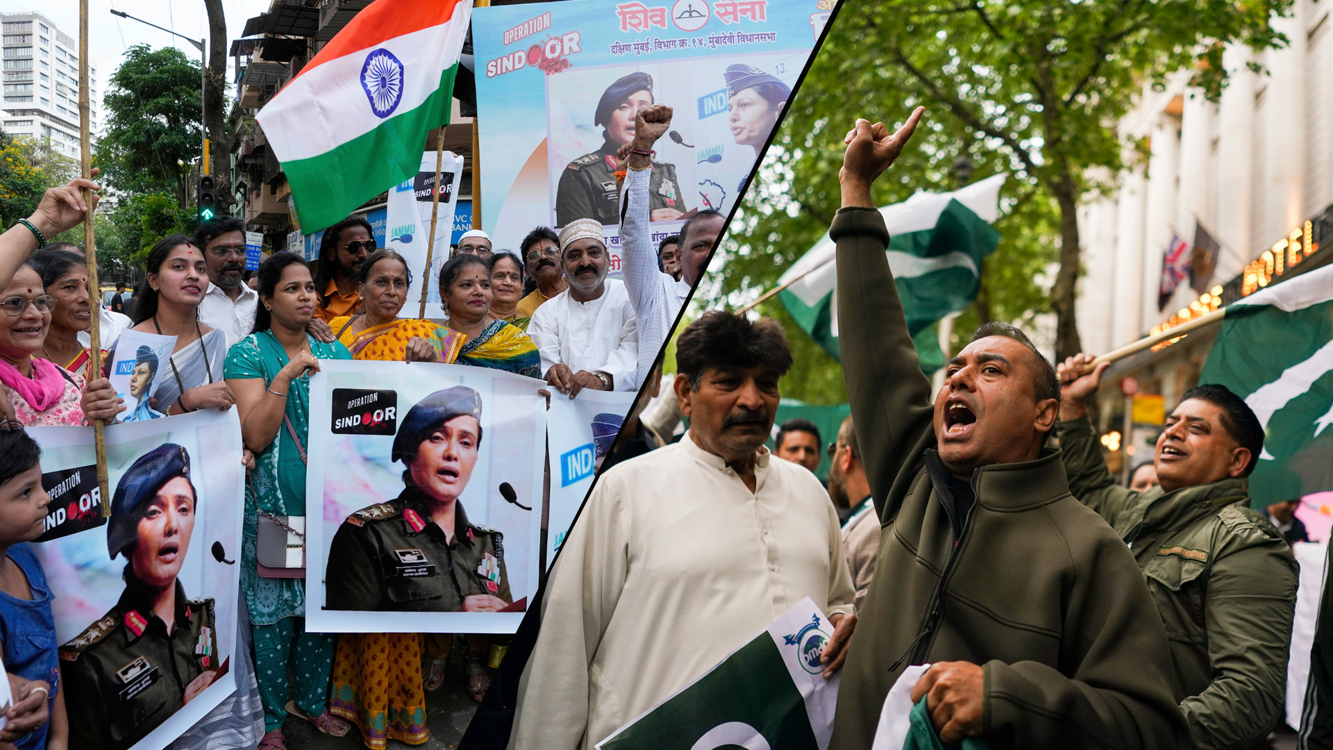 Demonstrators from India (L) and Pakistan (R). (Photos: AP)