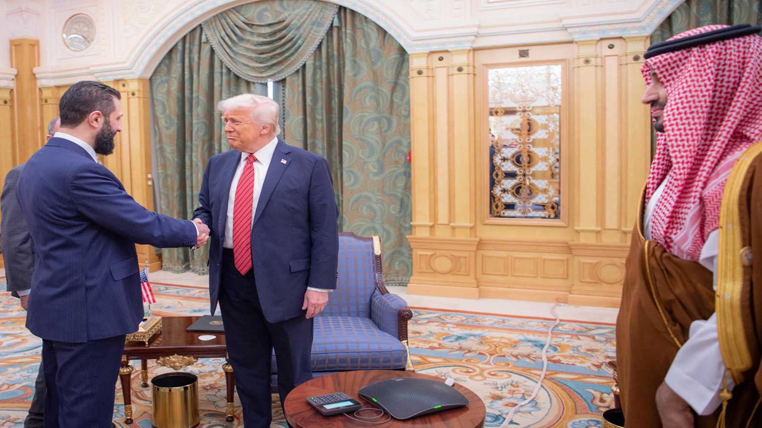 U.S. President Donald Trump, (middle), Syria’s interim President Ahmed al-Sharaa, (L), Saudi Crown Prince Mohammed bin Salman, Riyadh, KSA, May 14, 2025. (Photo: KSA)