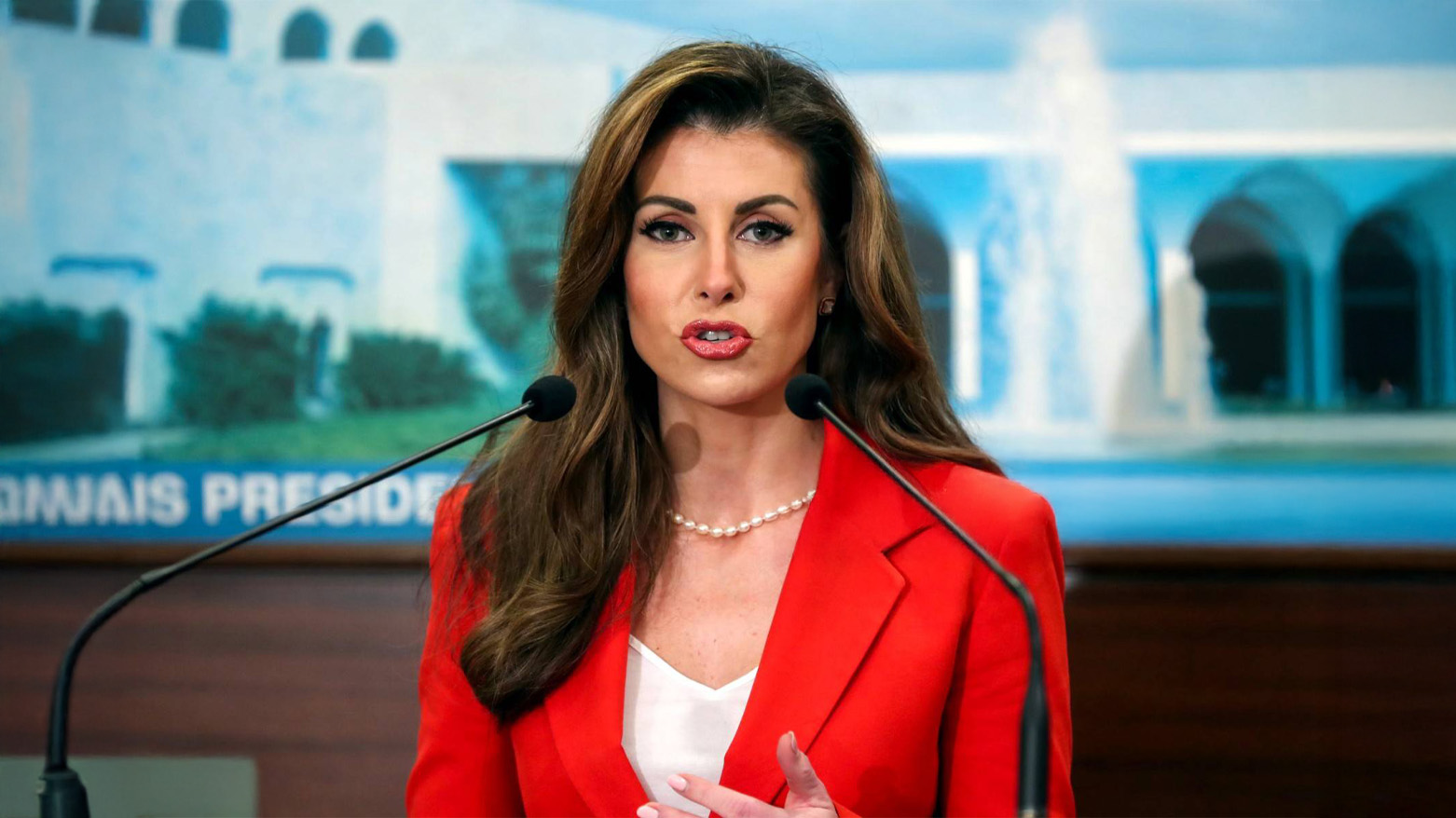 US deputy special envoy for the Middle East Morgan Ortagus speaking during a press conference after her meeting with the Lebanese president in Baabda, east of Beirut on Feb. 7, 2025. (Photo: AFP)