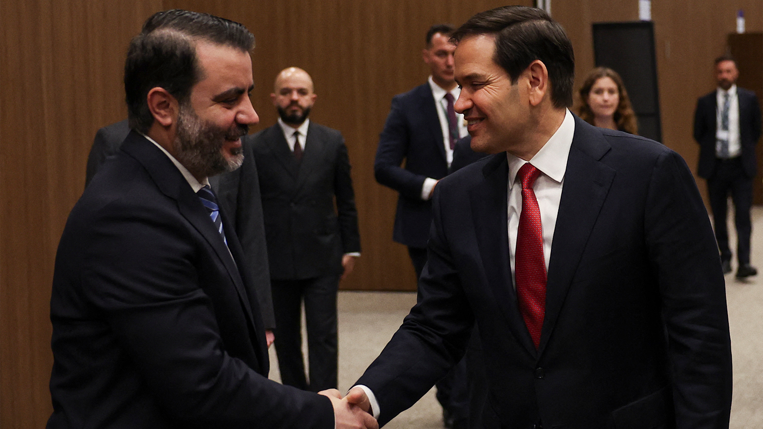 Syrian Foreign Minister Asaad Hassan al-Shibani (L) shakes hands with U.S. Secretary of State Marco Rubio at the NEST International Convention Center, in Antalya on May 15, 2025. (Photo: AFP)