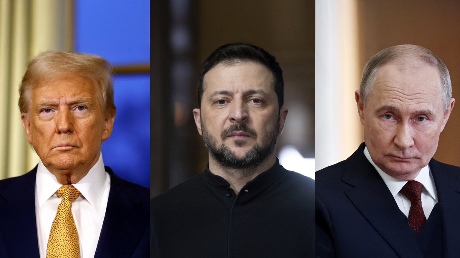 Combination photos showing President Donald Trump, left, Ukraine's President Volodymyr Zelenskyy, center, and President Vladimir Putin. (Graphics: Kurdistan24))
