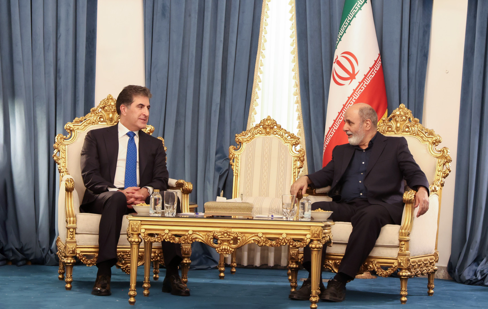 Kurdistan Region President Nechirvan Barzani (left) during his meeting with Ali Akbar Ahmadian, Secretary of Iran’s Supreme National Security Council, May 19, 2025. (Photo: Kurdistan Region Presidency)