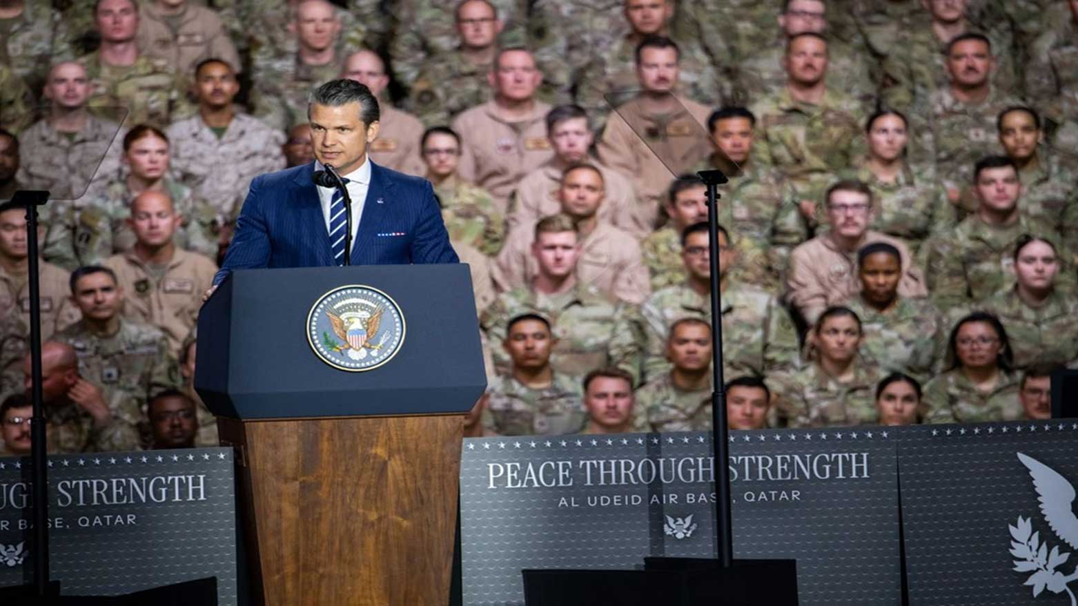 Secretary of Defense Pete Hegseth addresses troops during President Donald J. Trump’s visit to Al Udeid Air Base, Qatar, May 15, 2025. (Photo: U.S. Air Force)