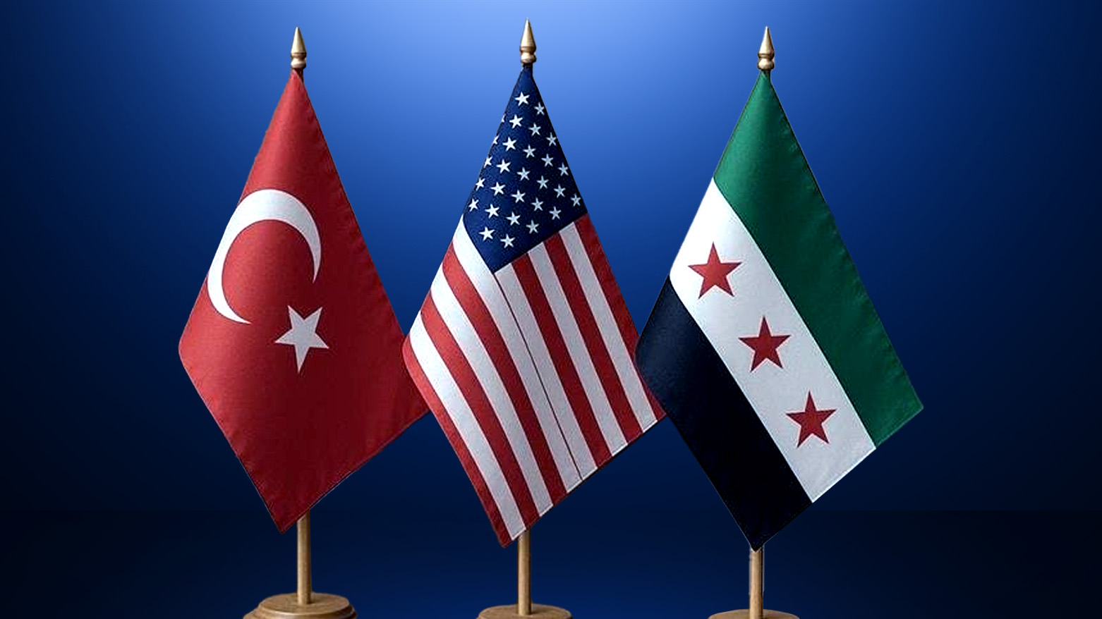 Turkish flag, (L), US flag, (M), the new Syrian flag. (Graphics: Kurdistan24)