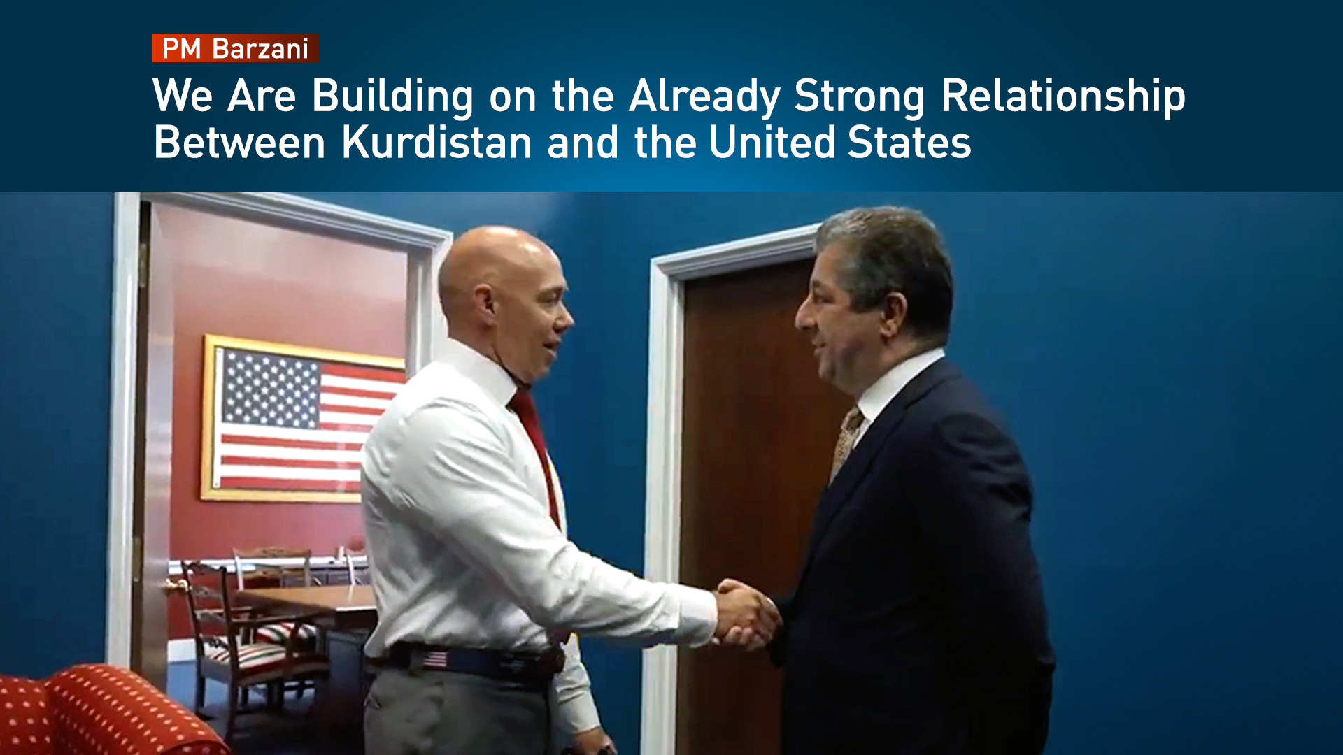 Kurdistan Region PM Masrour Barzani shaking hands with Congressman Brian Mast, Chairman of the U.S. House Foreign Affairs Committee, Washington DC, USA. (Photo: KRG)
