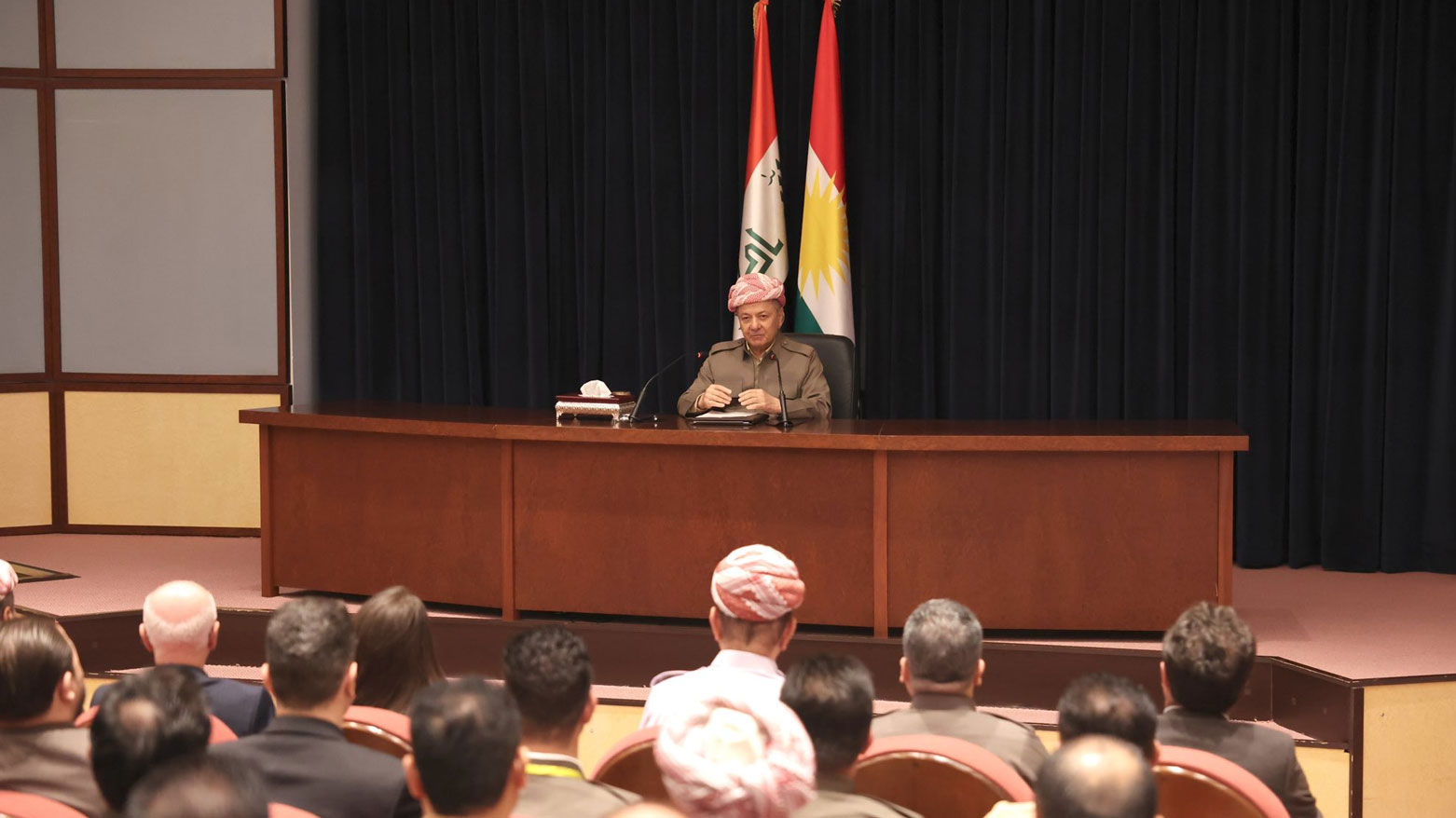 President Masoud Barzani, delivering a speech to participants of the 20th session of the KDP's Cadre Development Institute, Erbil, Kurdistan Region, May 21, 2025. (Photo: Kurdistan24)