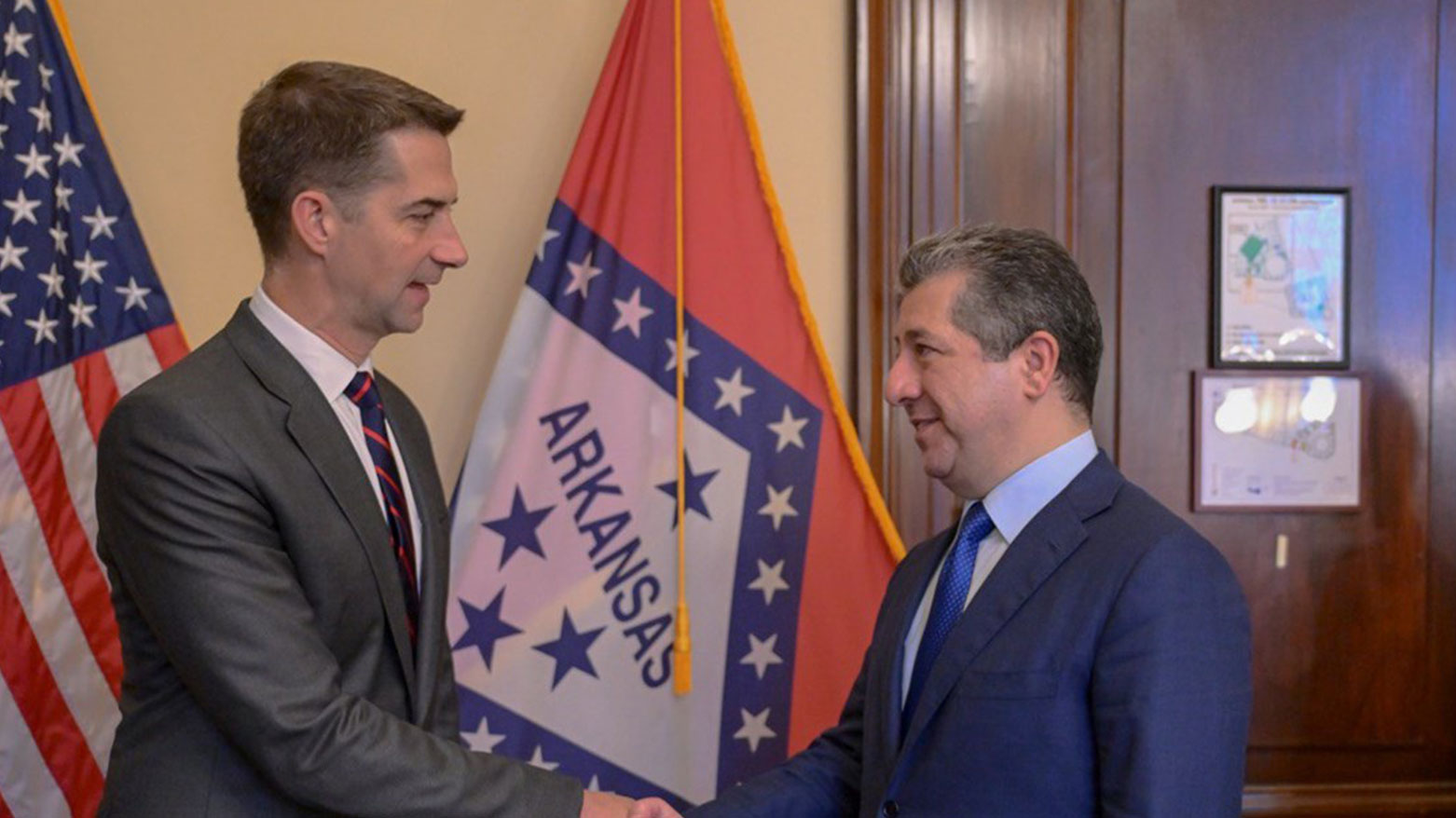 Kurdistan Region Prime Minister Masrour Barzani (right) shaking hands with U.S. Senator Tom Cotton, May 22, 2025. (Photo: KRG)