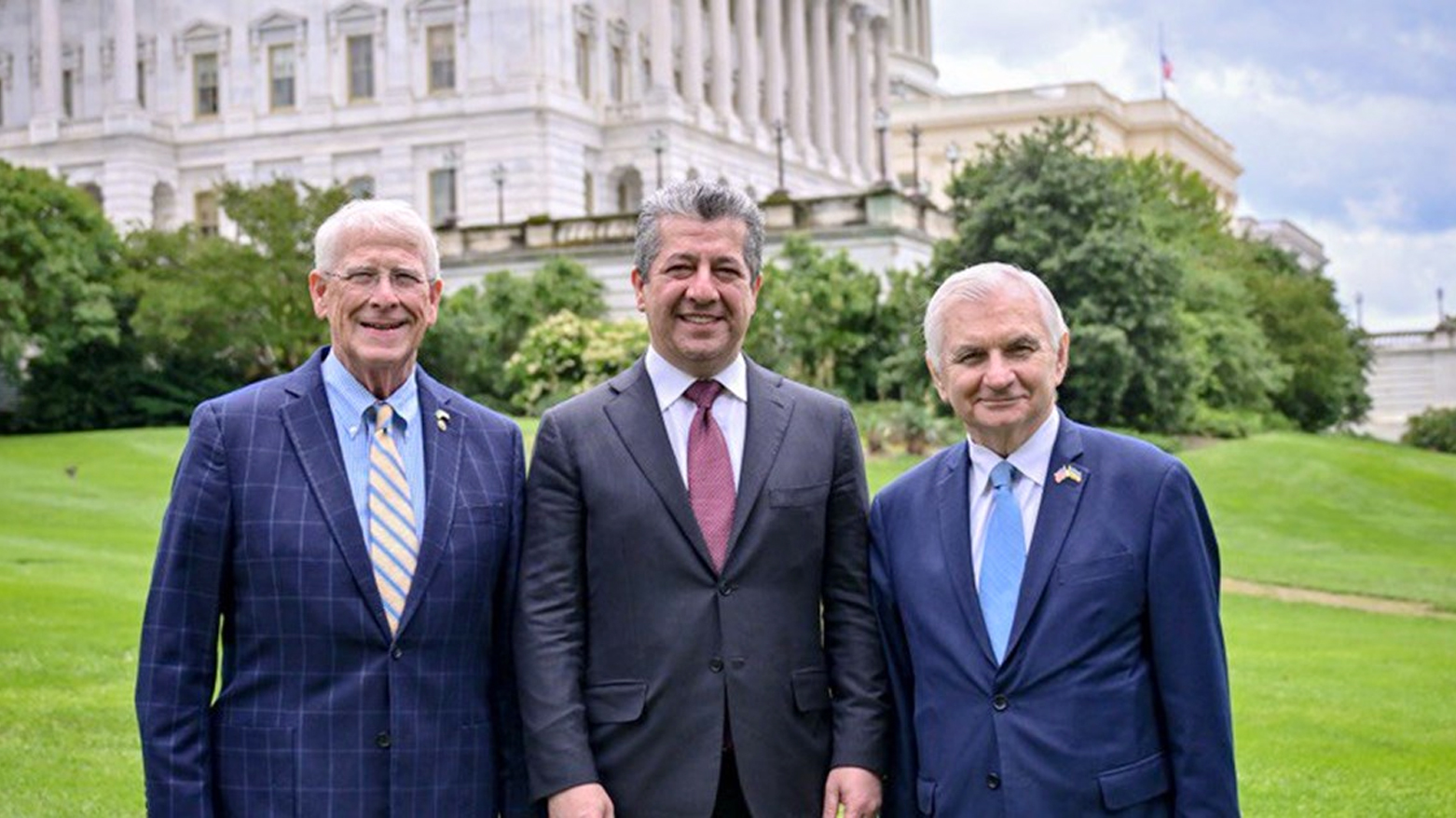 Kurdistan Region Prime Minister Masrour Barzani (middle) posing for a picture with two U.S. Senators, May 22, 2025. (Photo: KRG)