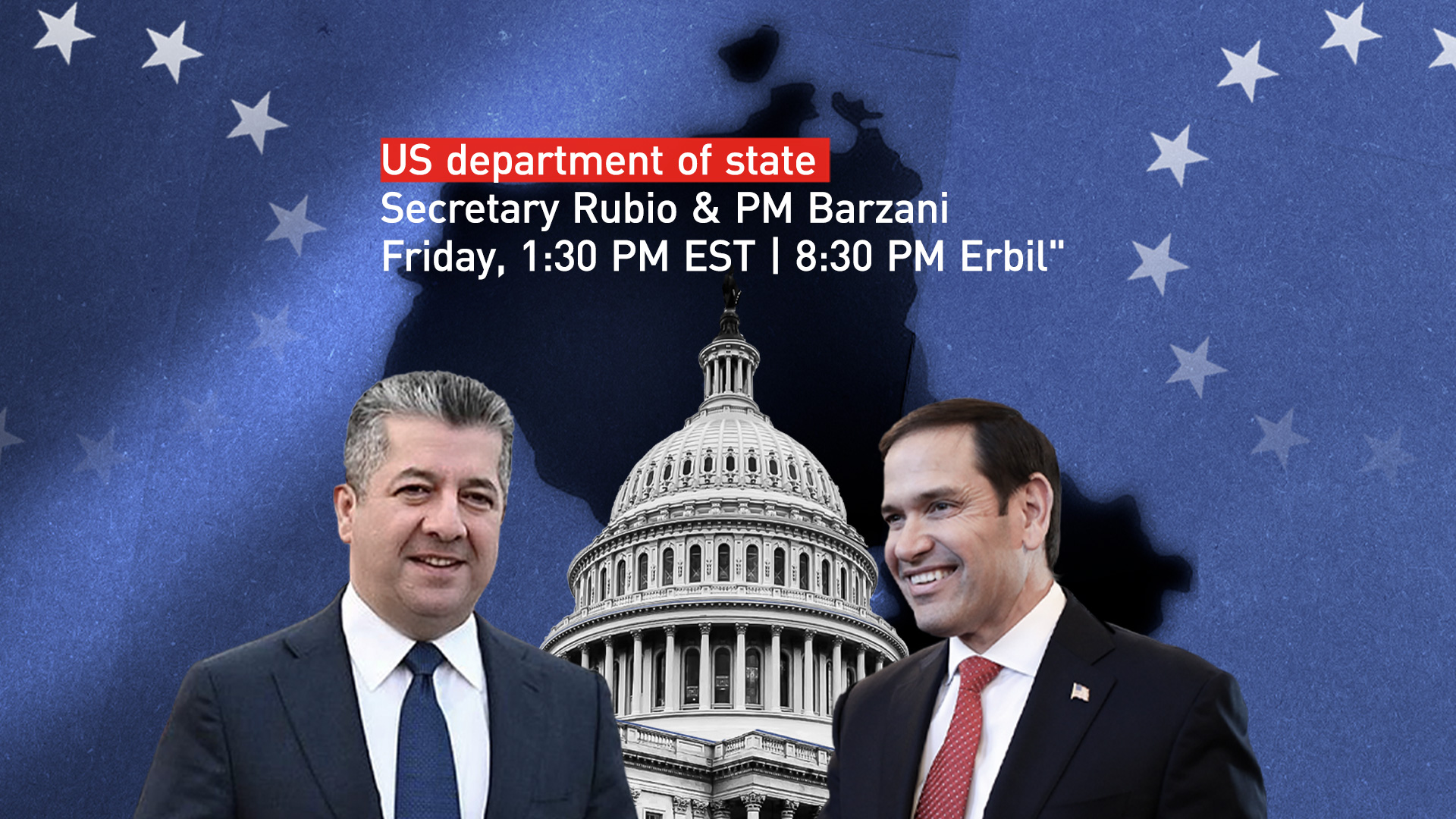 Kurdistan Region Prime Minister Masrour Barzani (L), Secretary of State Marco Rubio (R). (Graphic: Designed by Kurdistan24)