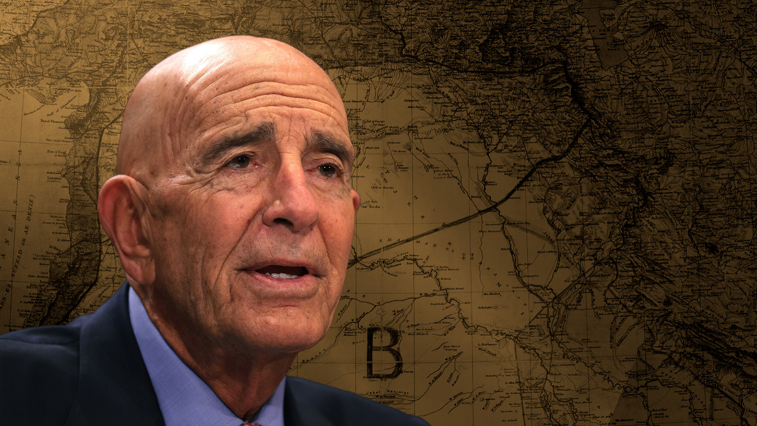 The U.S. Envoy to Syria Amb. Tom Barrack and a map of Sykes-Picot agreement at the background. (Graphics: Kurdistan24)