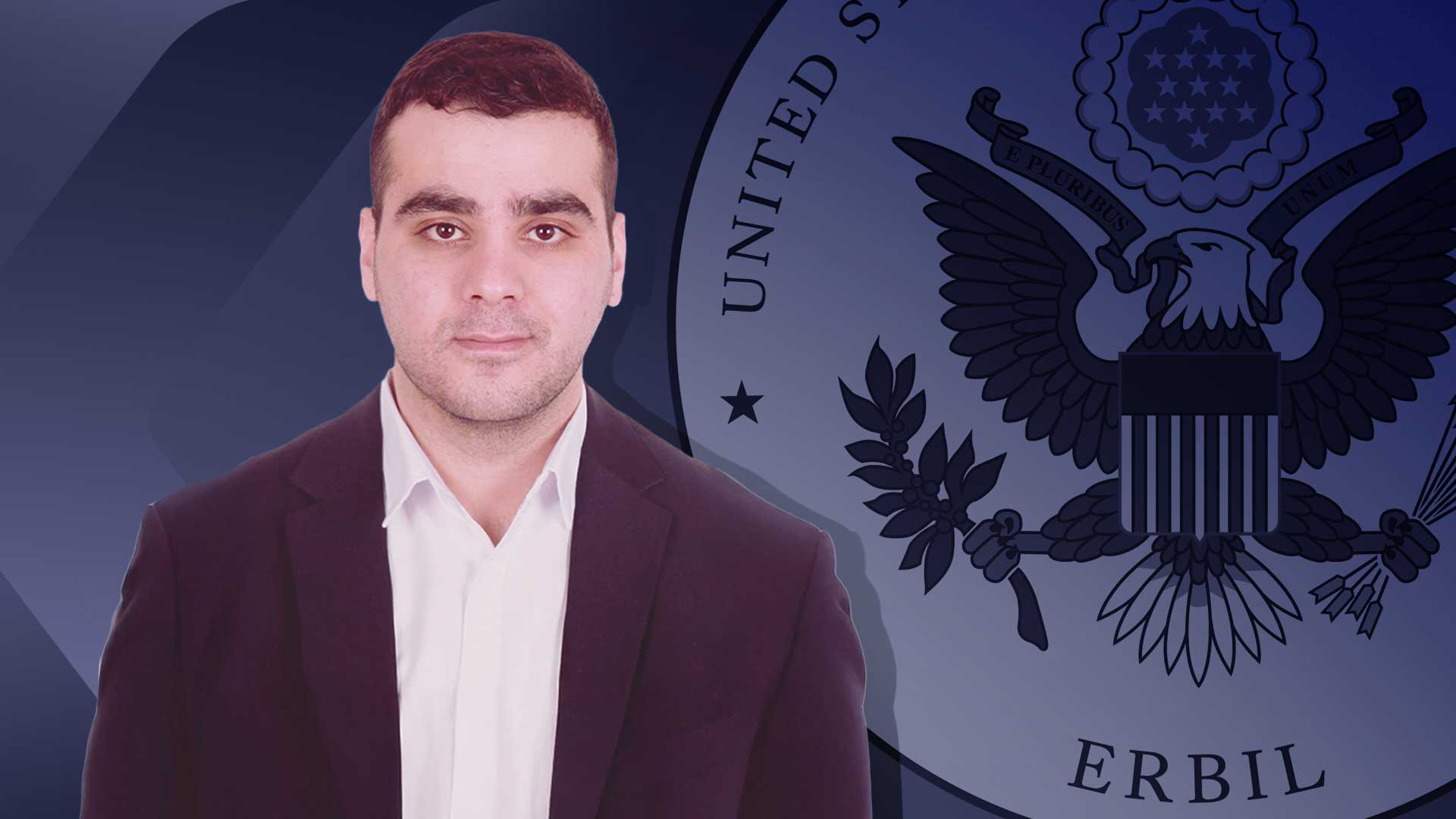 Kurdish analyst Aran Walladbagy, behind him the logo of the U.S. consulate in Erbil. (Graphic: Designed by Kurdistan24)