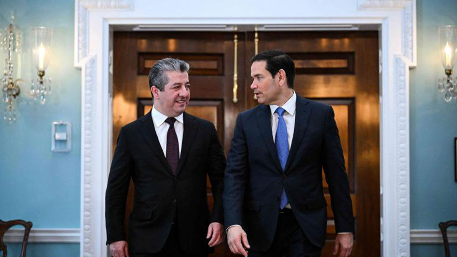US Secretary of State Marco Rubio (R) walks with Iraqi Kurdistan Regional Government Prime Minister Masrour Barzani at the State Department in Washington, on May 23, 2025. (Photo: AFP)