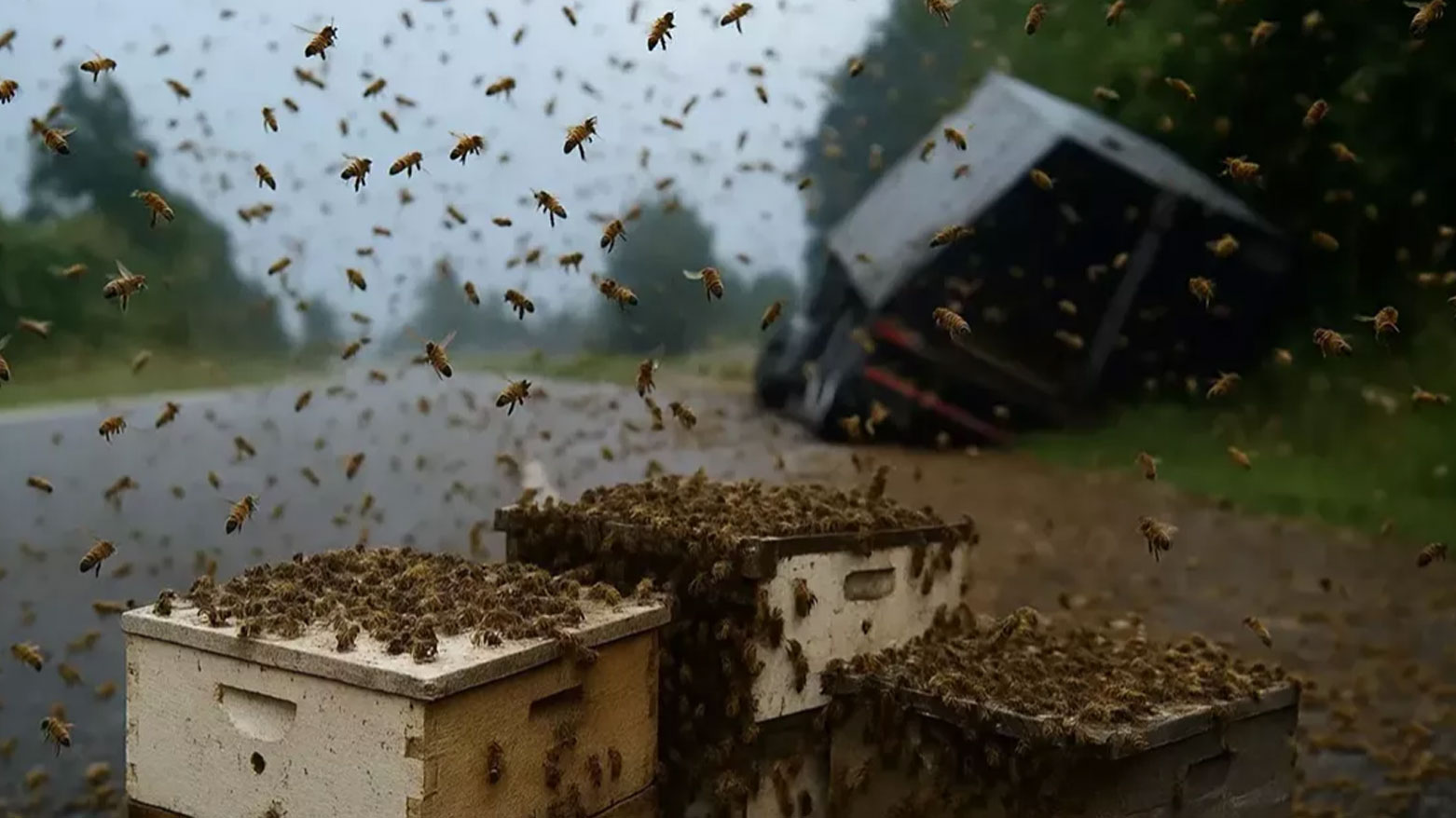 بەهۆی وەرگەڕانی بارهەڵگرێک 250 ملیۆن هەنگ هەڵاتن