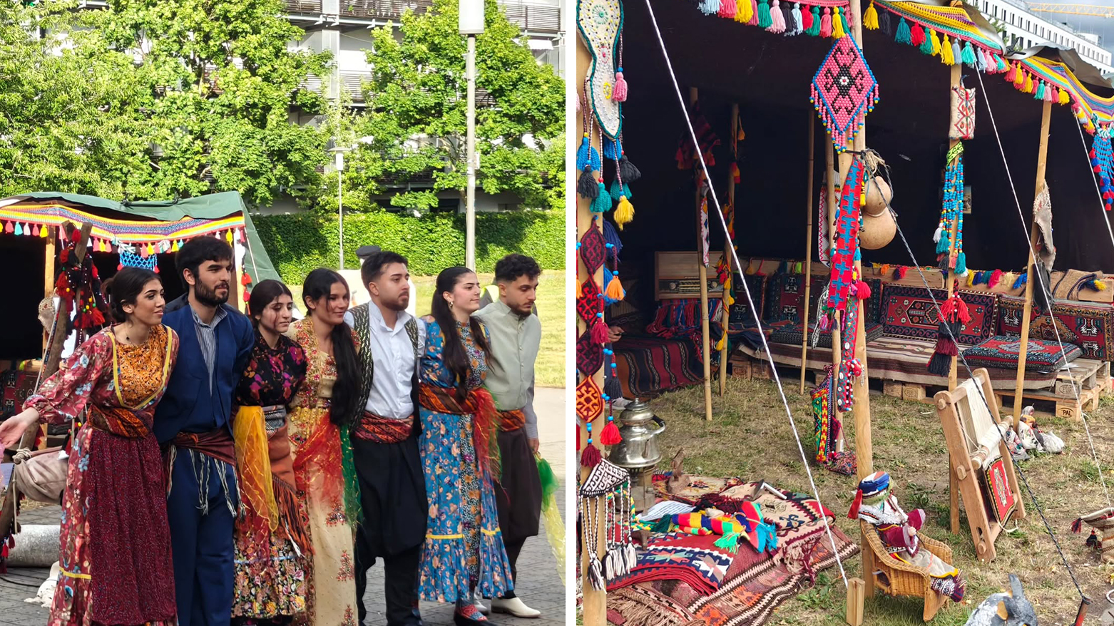 A picture highlights Kurdish Film Days festival: people dance in vibrant traditional Kurdish attire (L), a Kurdish tent adorned with handwoven rugs and textiles (R).(Photos: kurdische_kulturtage_nbg Social media page)