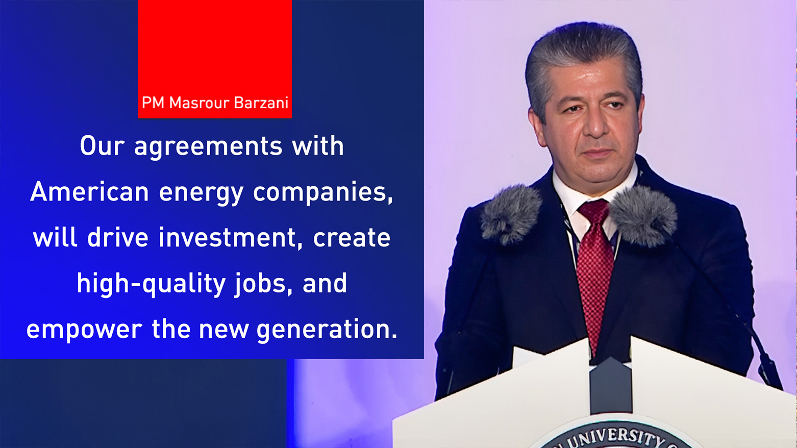 Kurdistan Region Prime Minister Masrour Barzani delivering the speech, June 1, 2025. (Photo: Designed by Kurdistan24)