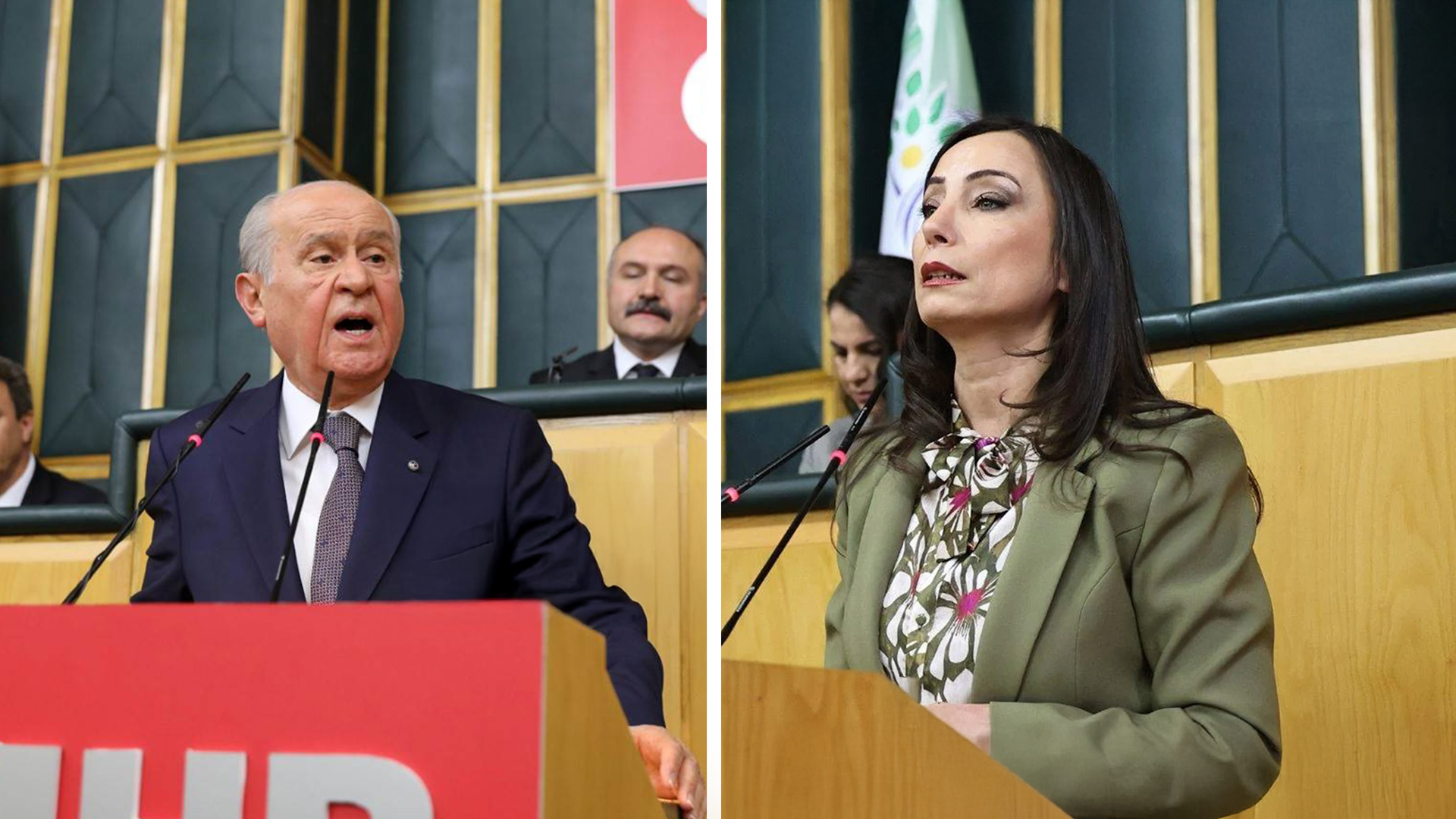 Turkish Nationalist Movement Party (MHP) leader Devlet Bahçeli (L), Tülay Hatimoğulları, Co-Chair of the Peoples' Equality and Democracy Party (DEM Party) (R). (Photo: Designed by Kurdistan24)