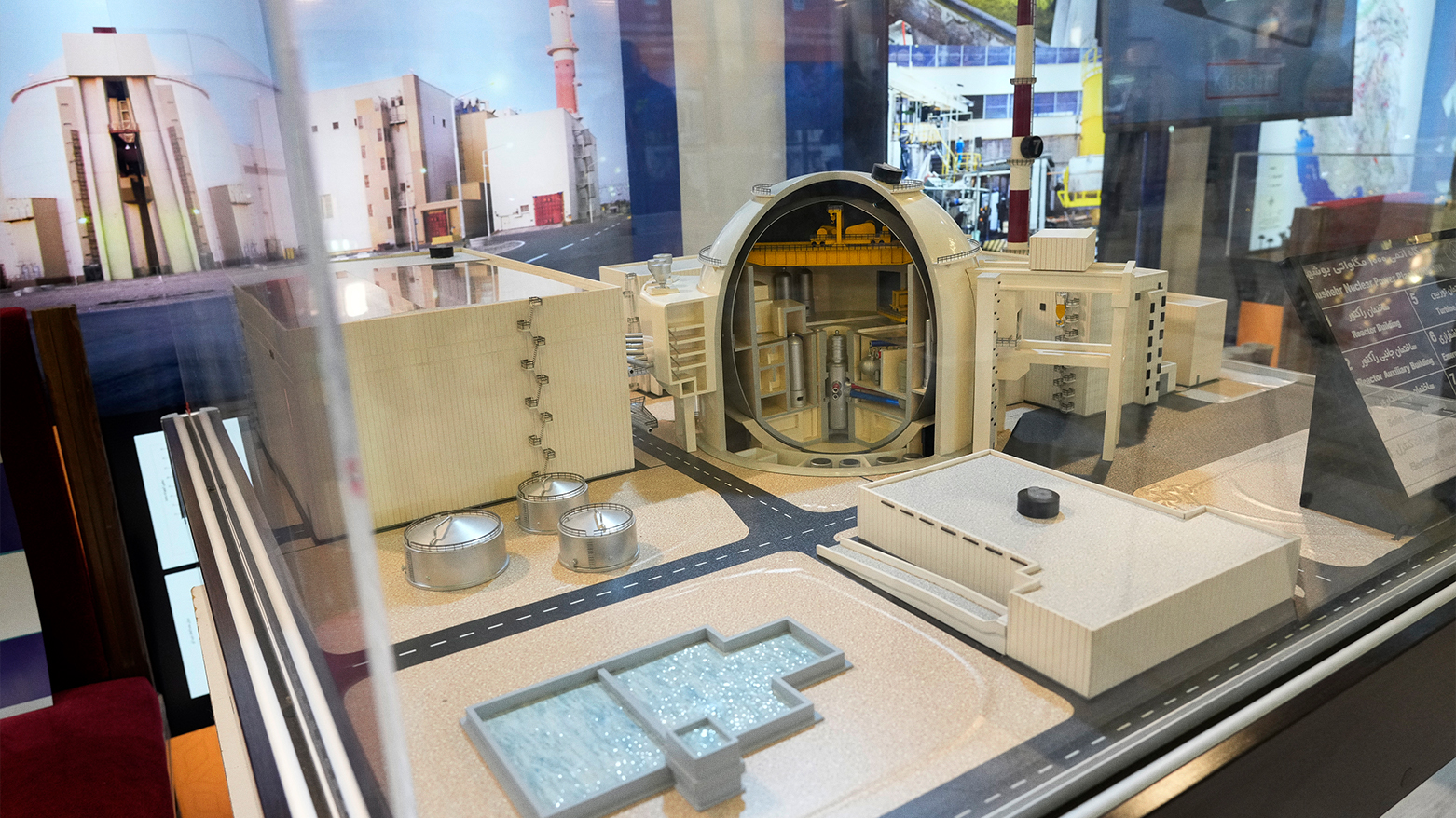 Model of Bushehr nuclear plant on display at Iran’s nuclear conference in Isfahan, May 6, 2024. (AP)