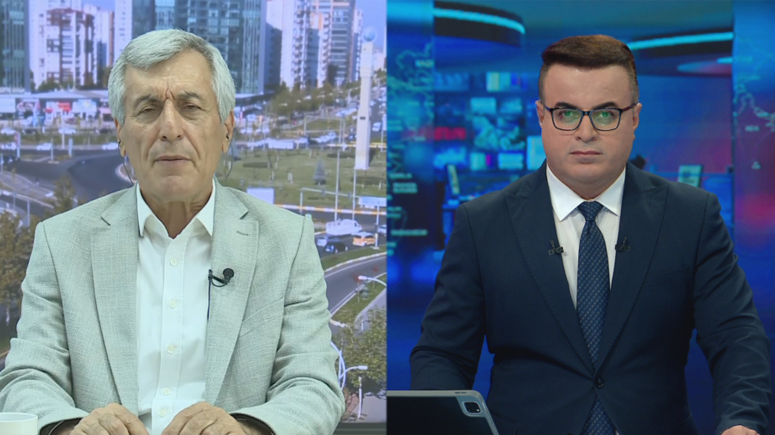 Bayram Bozyel head of the Kurdistan Socialist Party (PSK) (L), Hakar Nheli, Kurdistan24 anchor. (Photo: Kurdistan24)