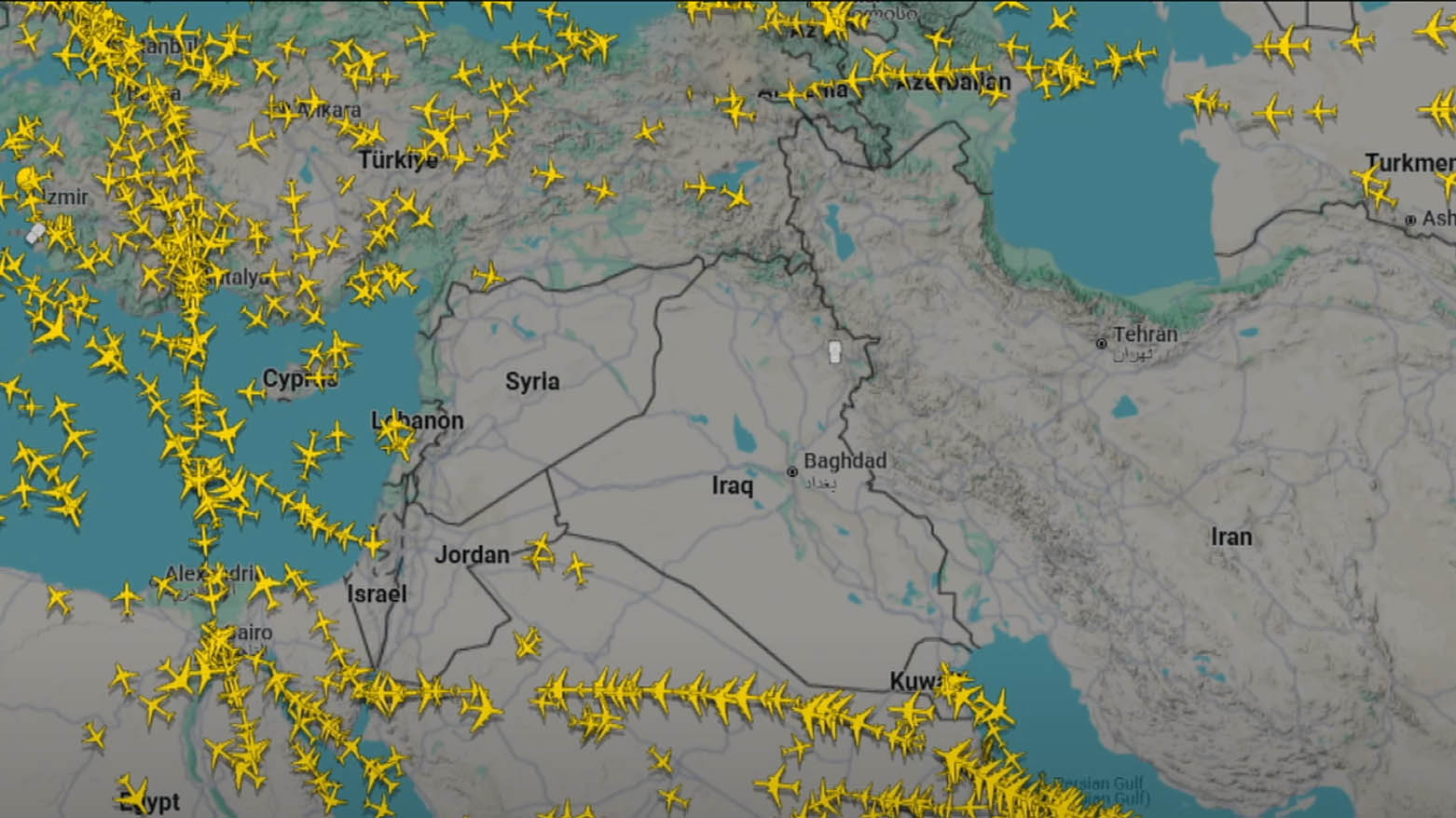a real-time flight radar map of the Middle East and surrounding regions. (Photo: Screenshot from Flightradar24)