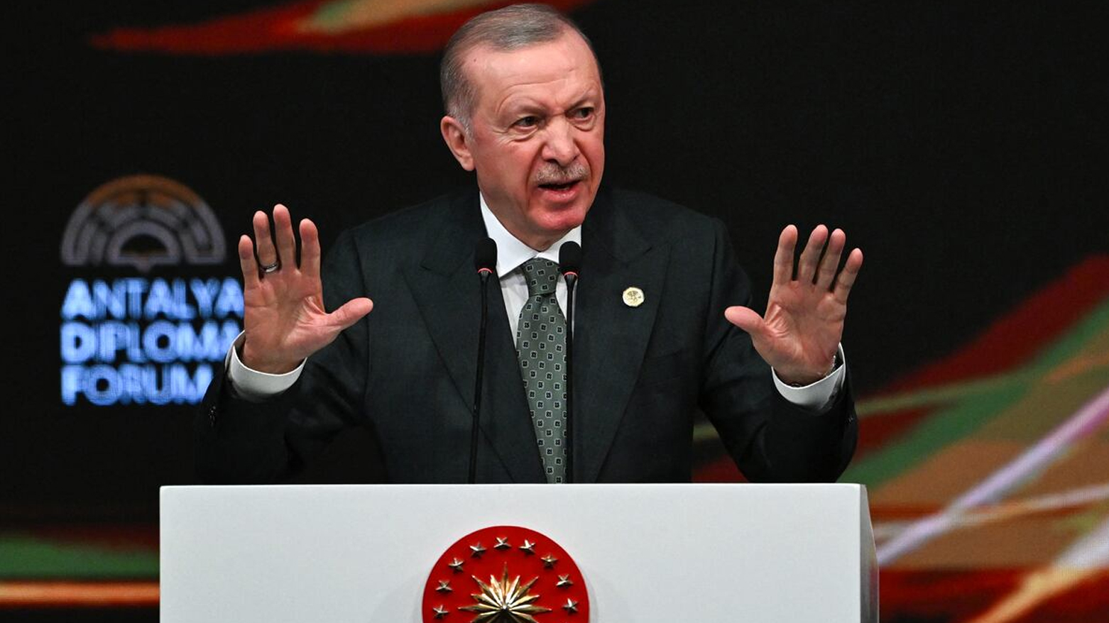 Turkey's President Recep Tayyip Erdogan gestures as he delivers a speech during the opening ceremony of the 4th edition of ADF2025  in Antalya, Ape. 11, 2025. (Photo: AFP)