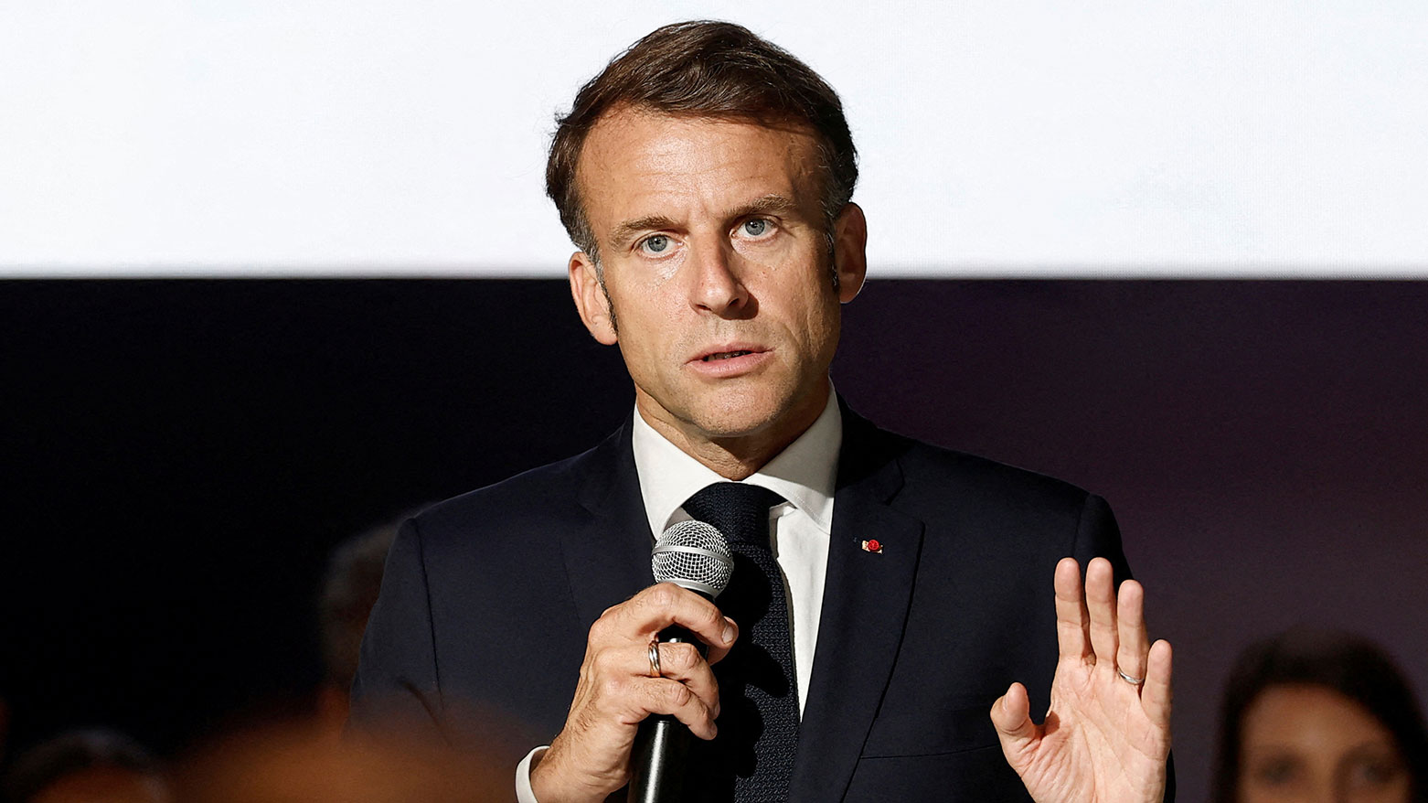 French President Emmanuel Macron delivers a speech at the Paris Space Hub stand during a visit at the 55th edition of the International Paris Air Show, June 20, 2025. (Photo: AFP)