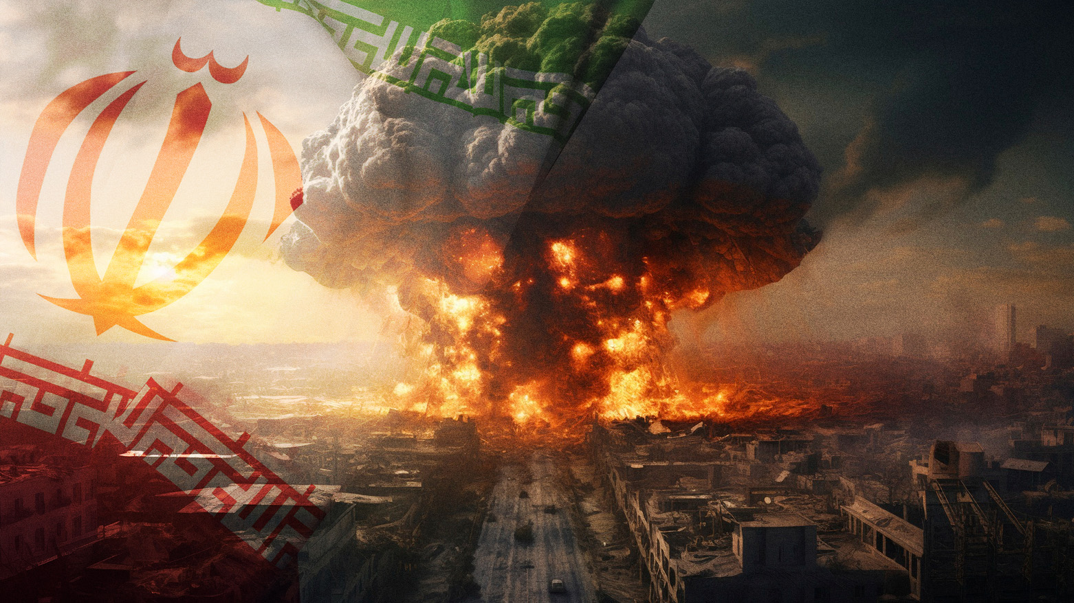 A graphic image showing the Iranian flag and a big explosion in the background. (Graphic: Designed by Kurdistan24)