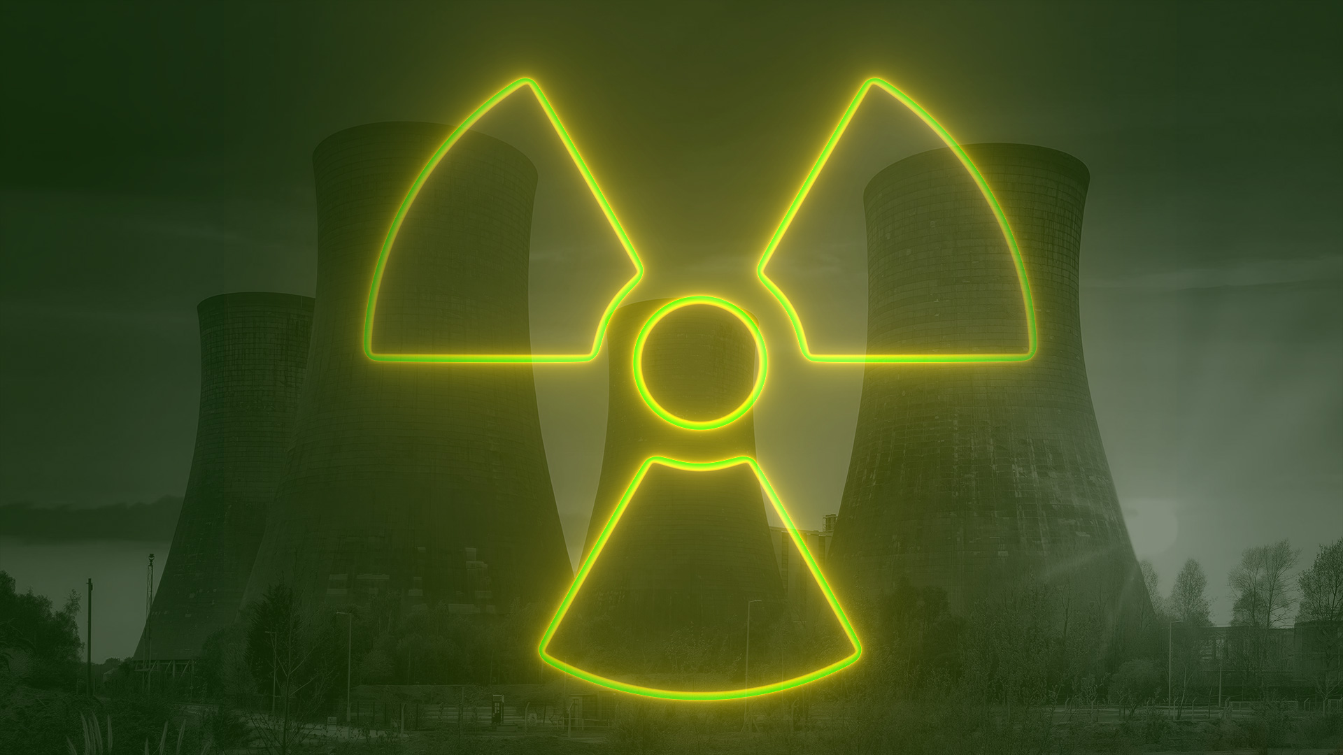 Image shows a large, glowing radioactive symbol against the backdrop of a nuclear power plant. (Graphic: Designed by Kurdistan24)